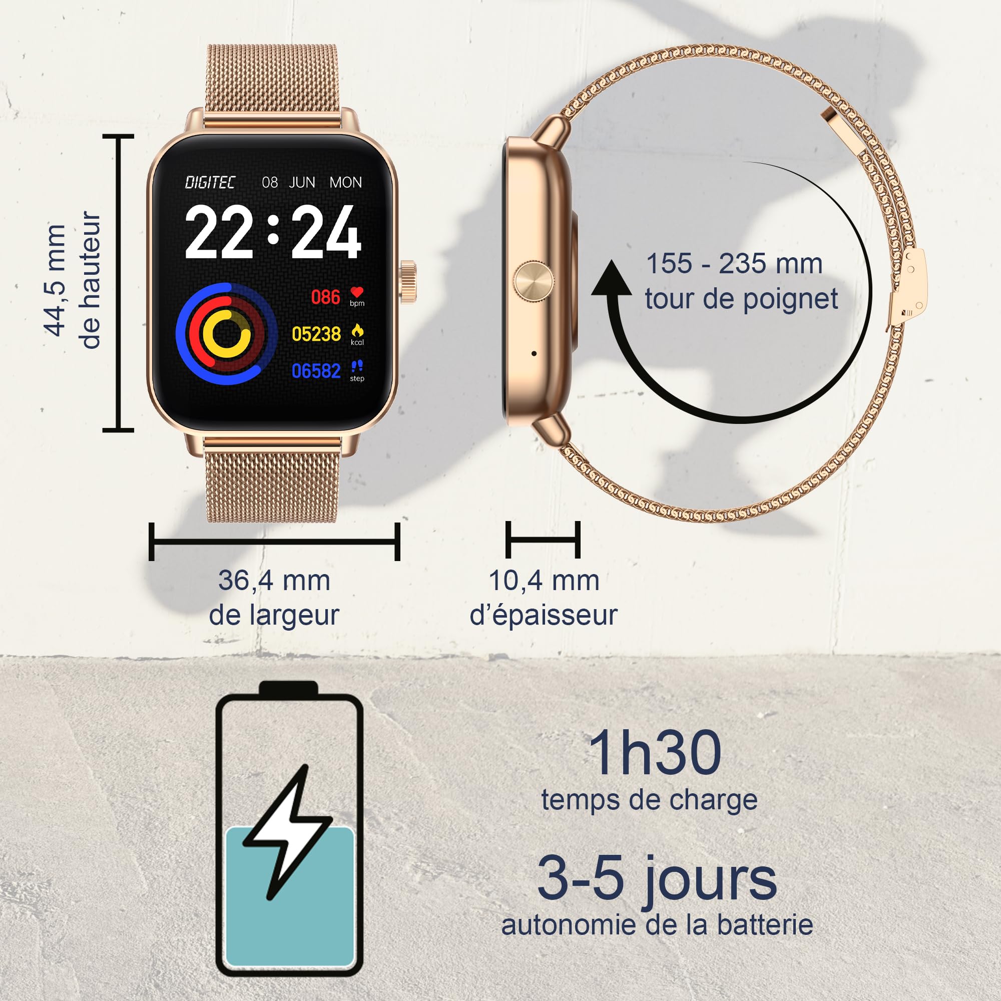 Digitec Montre connectée Square dorée-Rose avec Bracelet en Acier Maille milanaise dorée-Rose, Homme Femme, Suivi activité et Sommeil