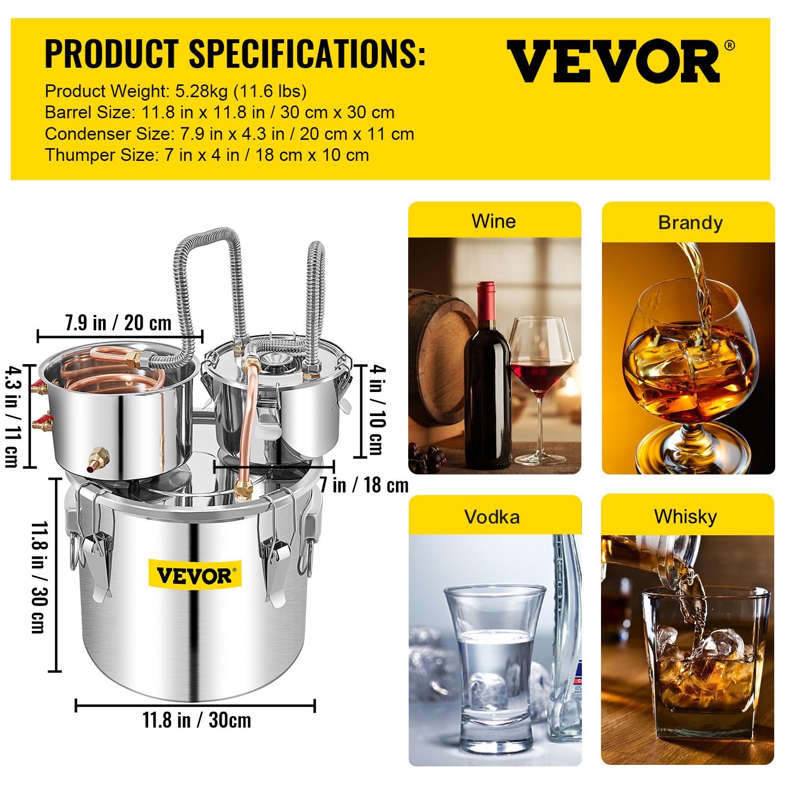 VEVOR Alambique Destilador 3Gal / 11,4L Alambique para Grappa de Acero Inoxidable y Cobre Rojo Destilador de Agua con Dos Barriles Alambique Aceites Esenciales Kit para Producción de Vino Whisky