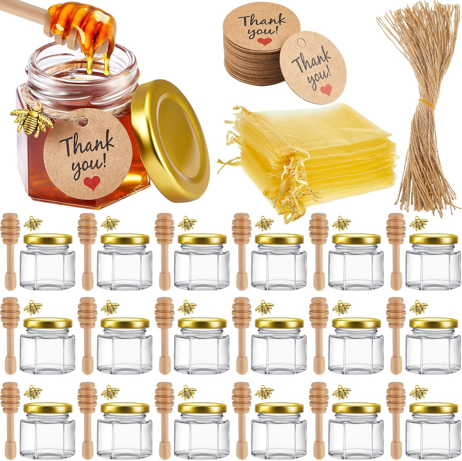 48 Sets 2 oz Hexagonal Glass Honey Jars Mini Honey Jars