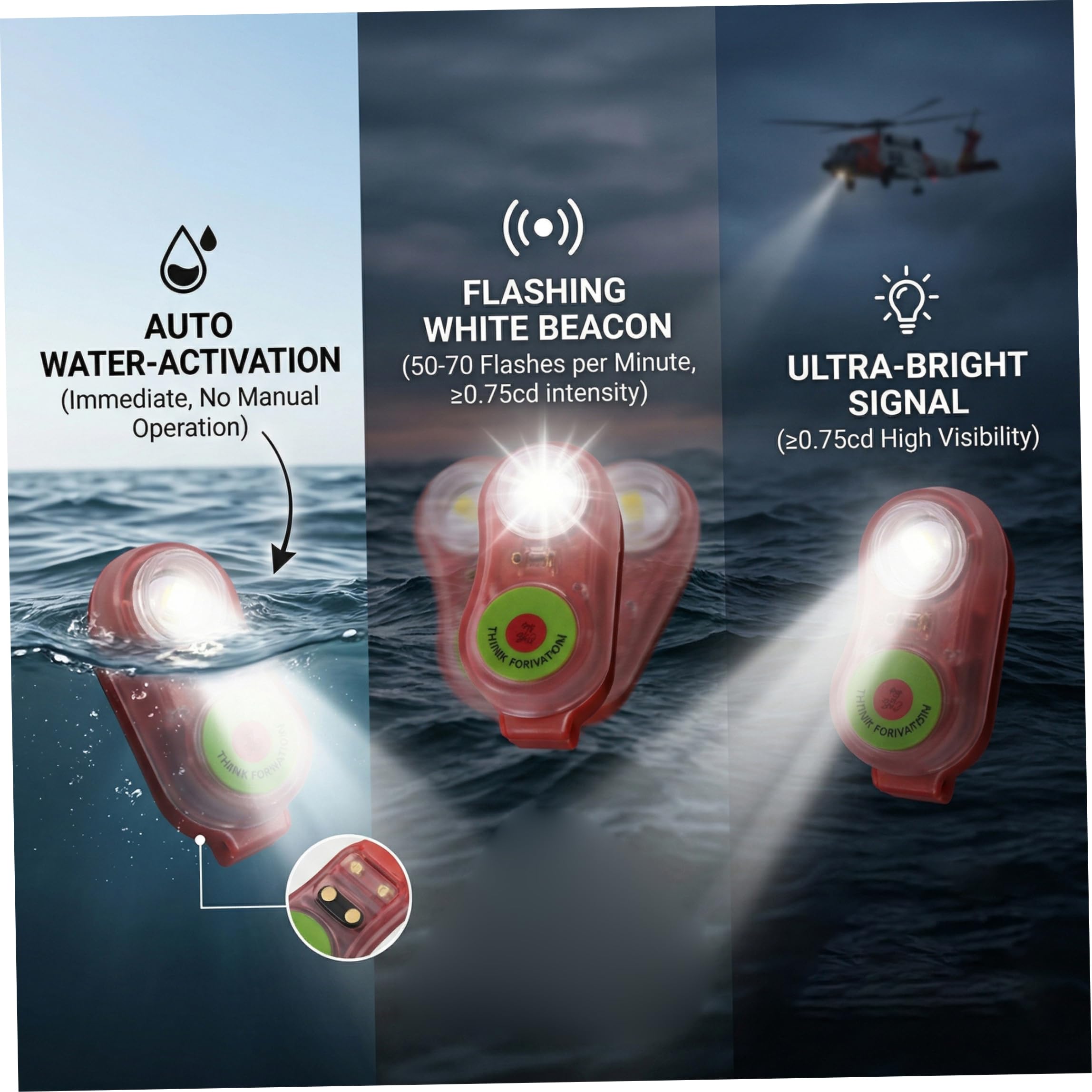 Luce per giubbotto di salvataggio, confezione da 4 luci di emergenza attivate dall'acqua per giubbotto di salvataggio per adulti, omologata 150n, rosso arancione