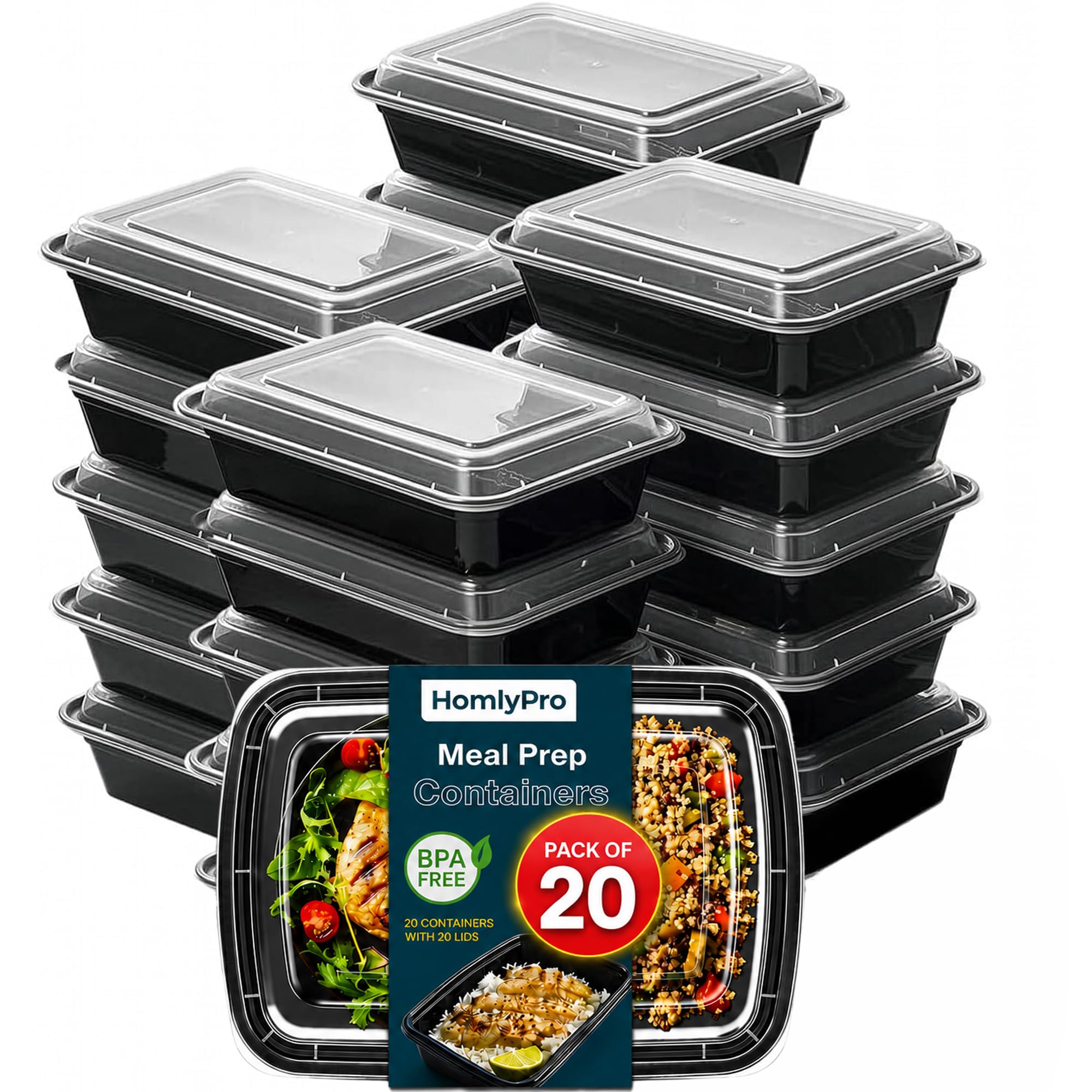 HomlyPro 20 Pack 28oz Black Meal Prep Containers with Lids, Airtight BPA Free Reusable Food Containers, 1 Compartment Stackable Food Storage for Microwave, Freezer and Dishwasher Safe