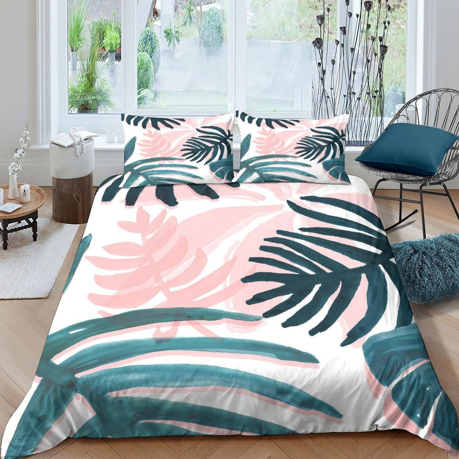 GPLZQXKJNH 3D Printed Tropical Monstera Duvet Cover Set Microfiber Soft Breathable Palm Leaf Bedding Set with 2 Pillowcases for Bedroom Decor Single（135x200cm）