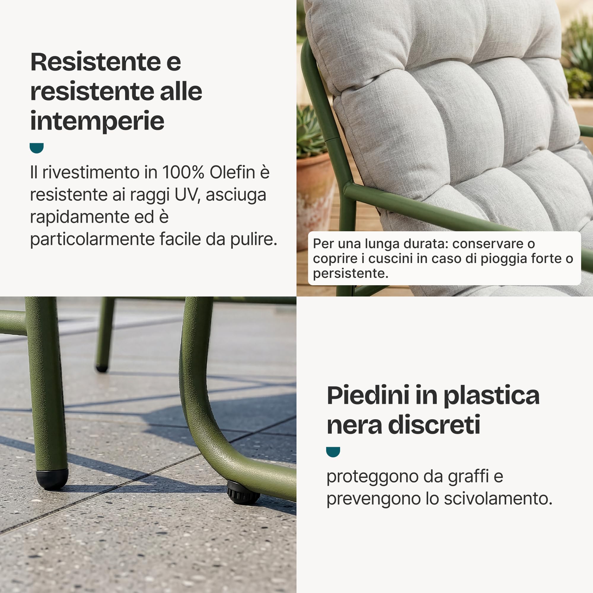 [en.casa] Set di 3 Mobili da Giardino Verde Chiaro/Grigio | Tavolino Rotondo, Poltrona e Poggiapiedi, Con Cuscini Imbottiti, per Balcone Terrazzo Veranda Outdoor, Telaio in Acciaio