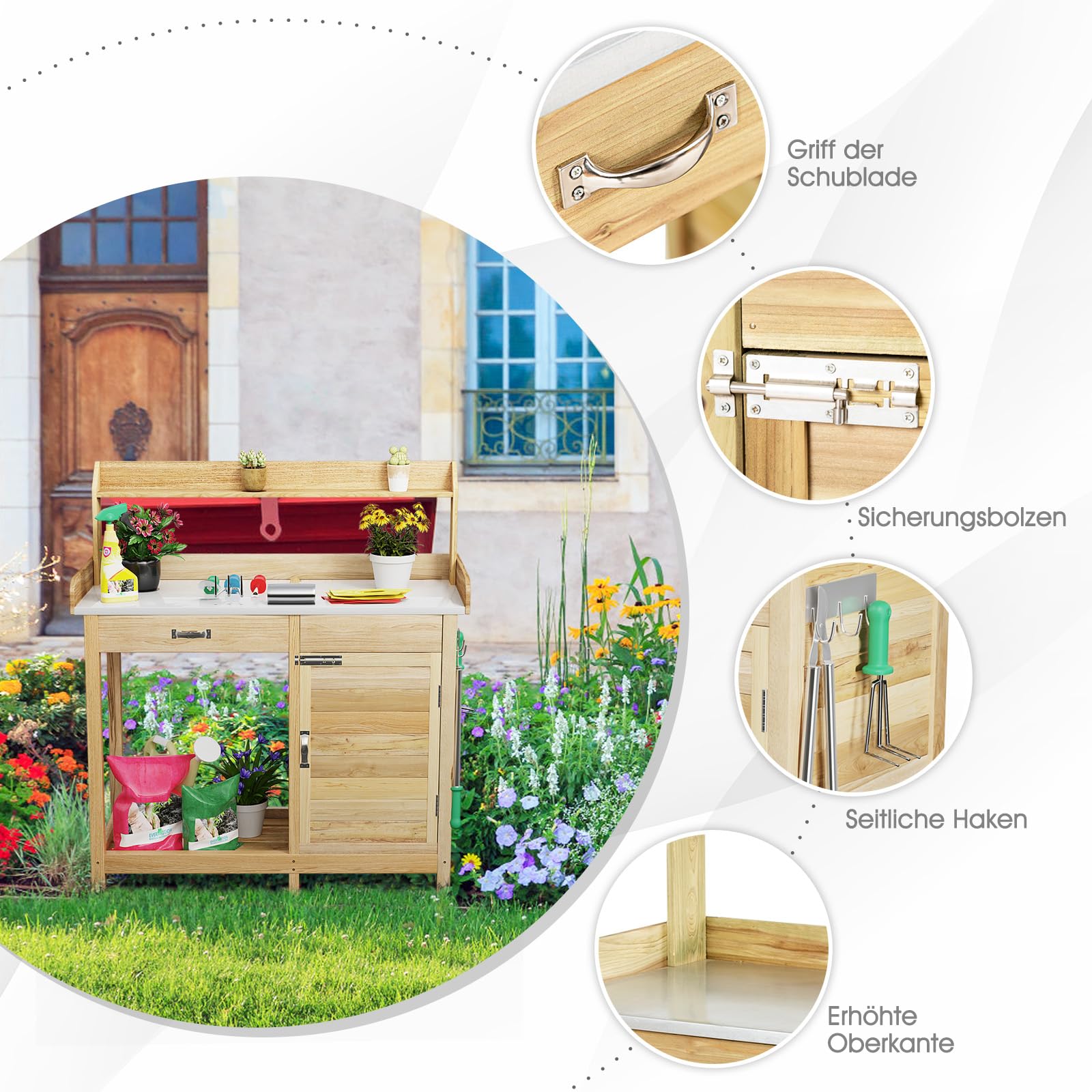 RELAX4LIFE Pflanztisch, Gartenarbeitstisch mit verzinkt Arbeitsplatte, Gärtnertisch aus Holz, Blumentisch mit 3 Haken, Schubladen, Unterschrank und offenem Regal, Gartentisch Wetterfest, 112x46x125 cm