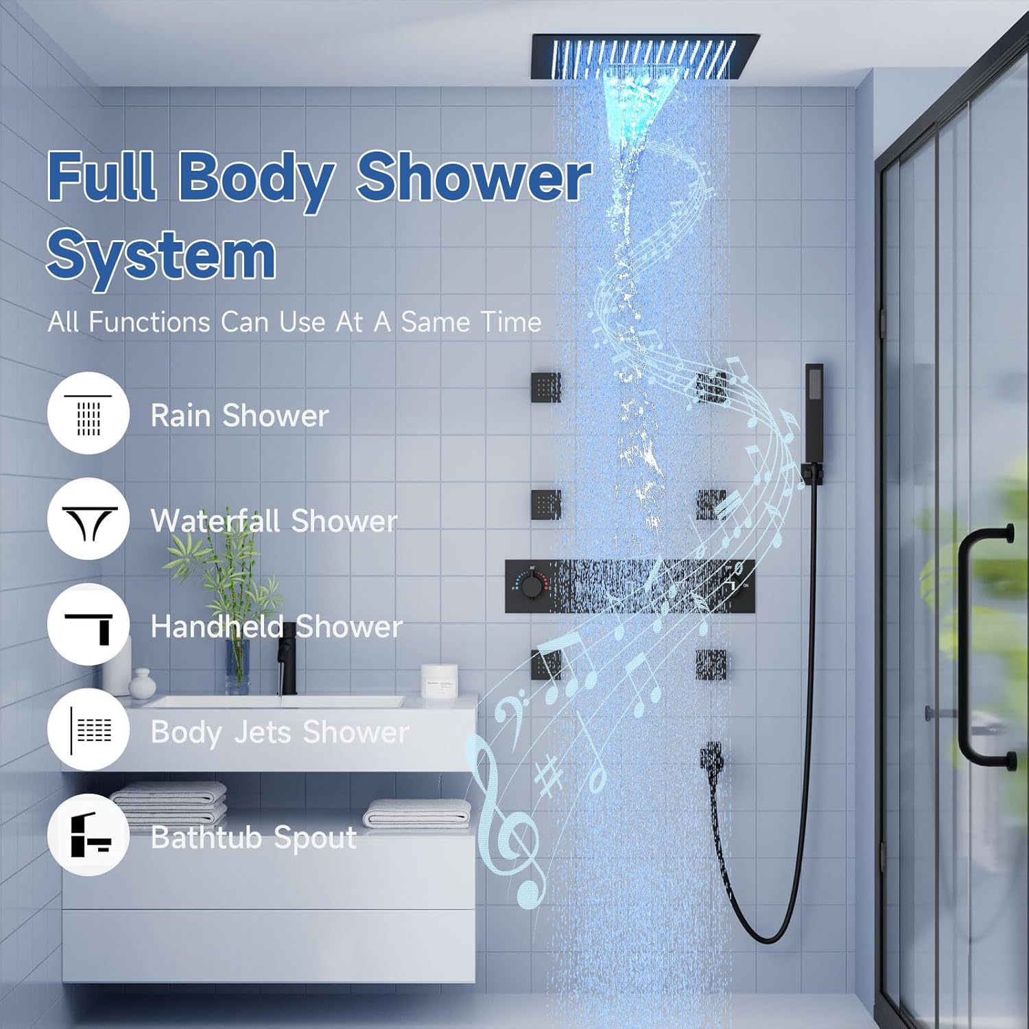 Shower System with Body Jets, 16 Inch Smart Thermostatic Shower Jets System In Wall, Smart LED Ceiling Rainfall Shower System with Music, Matte Black