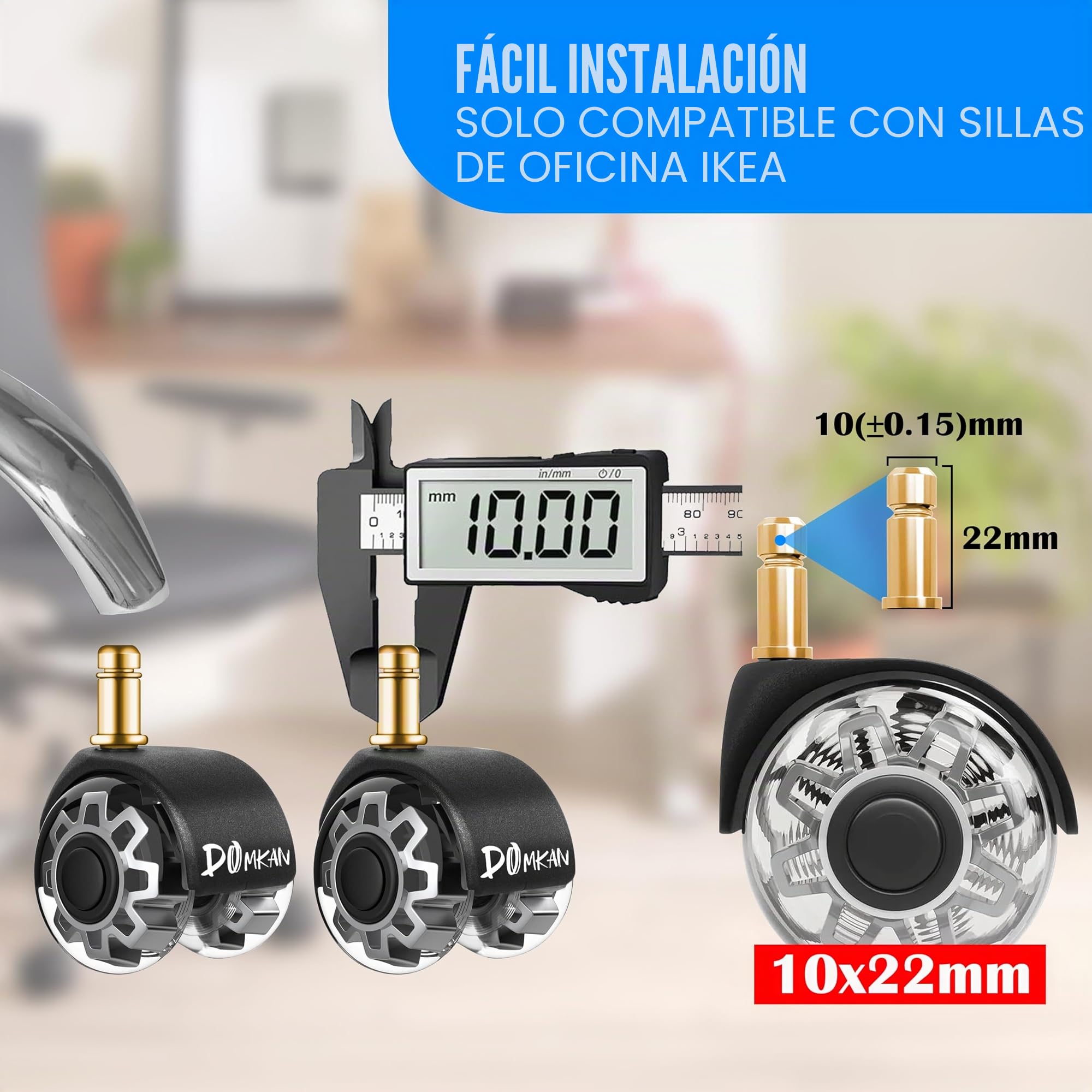 Juego de 5 Ruedas para Silla de Oficina, 10 x 22 mm Ruedas de Repuesto para Alfombras y Suelos de Parquet, Resistentes Ruedas para Sillas de Oficina