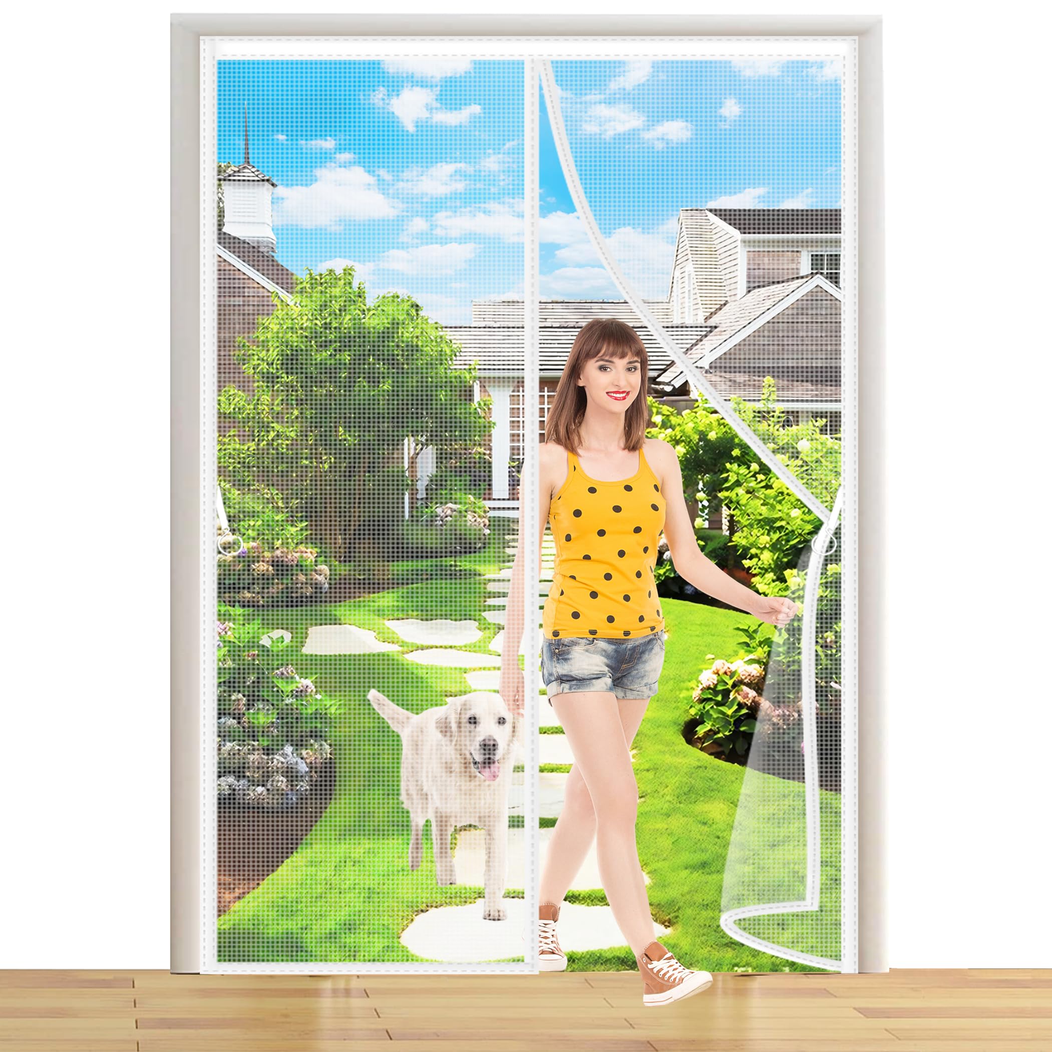 Magnetic Fly Screen Door Curtain 150x200cm Double Door Screen Mesh Curtain Magnetic Self-Sealing Insect Protection No Gap for Living Room Balcony Sliding Doors White