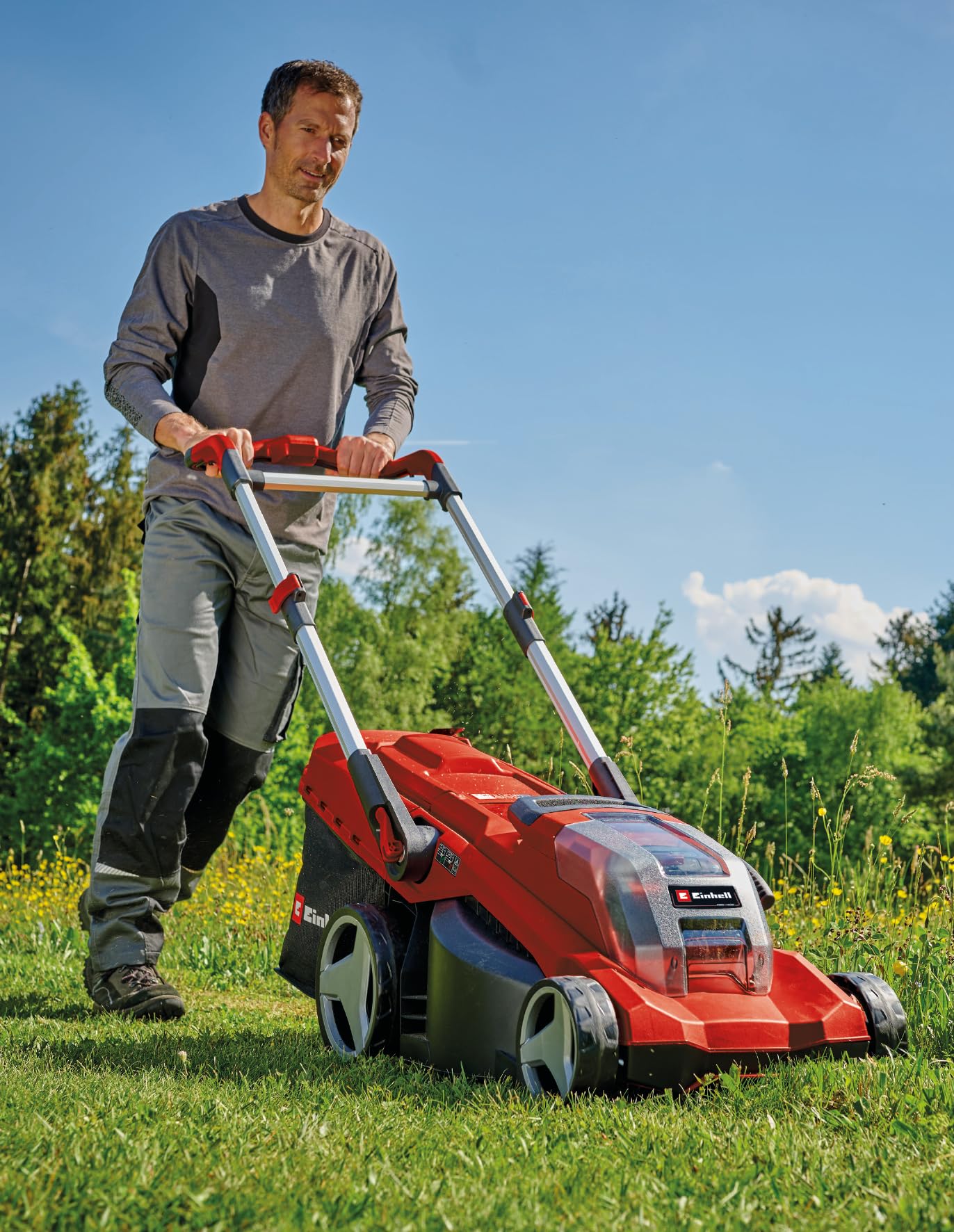 Einhell Tondeuse à Gazon sans Fil GP-CM 36/450 Kit Power X-Change (36 V, Largeur de Coupe 38 cm, 450 m², Moteur sans Charbon, Fonction Mulching, bac collecteur 45 L, 2 Batteries 4,0 Ah+Twincharger)