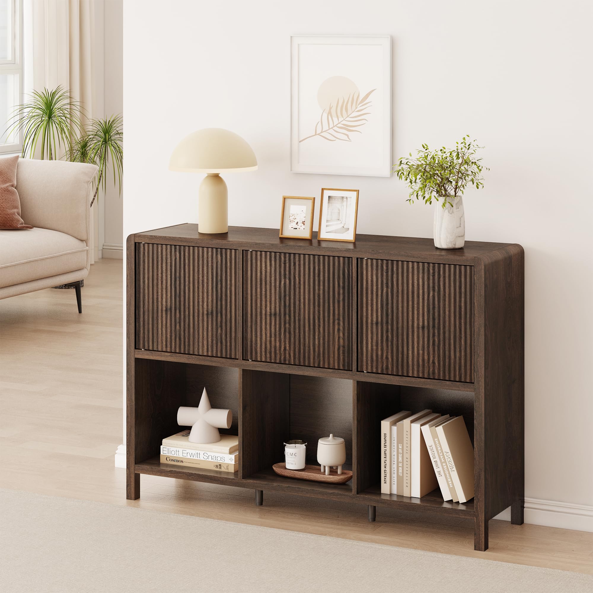 [en.casa] Credenza Bassa Mobile Contenitore con 3 Ante Decorative Push to Open e Scomparti Aperti Sideboard per Soggiorno Corridoio Studio 77x110x30 cm Effetto Noce