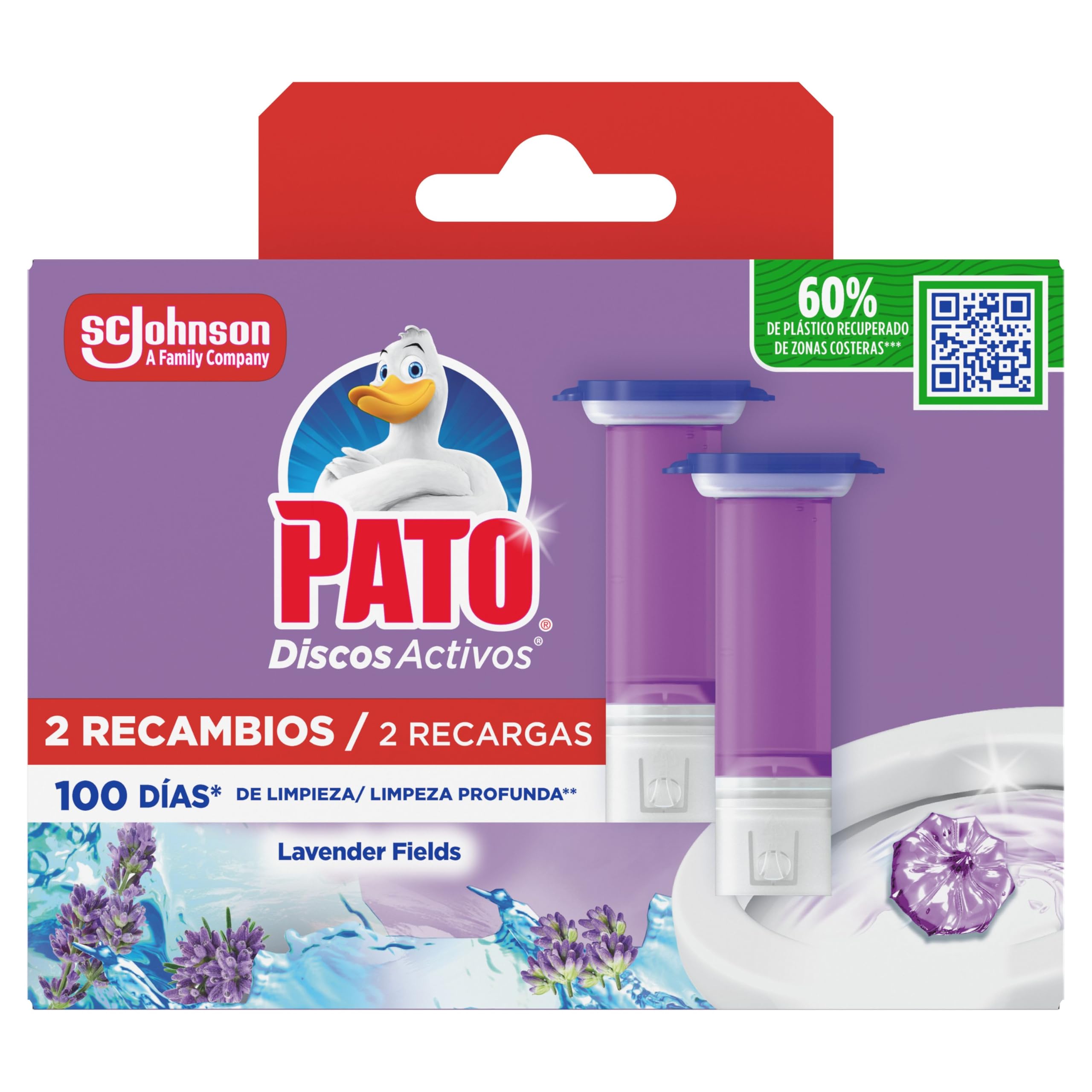Pato Discos Activos WC Lavanda, Limpia, Refresca y Perfuma el Inodoro, Eficacia 360°, 2 Recambios = 12 discos