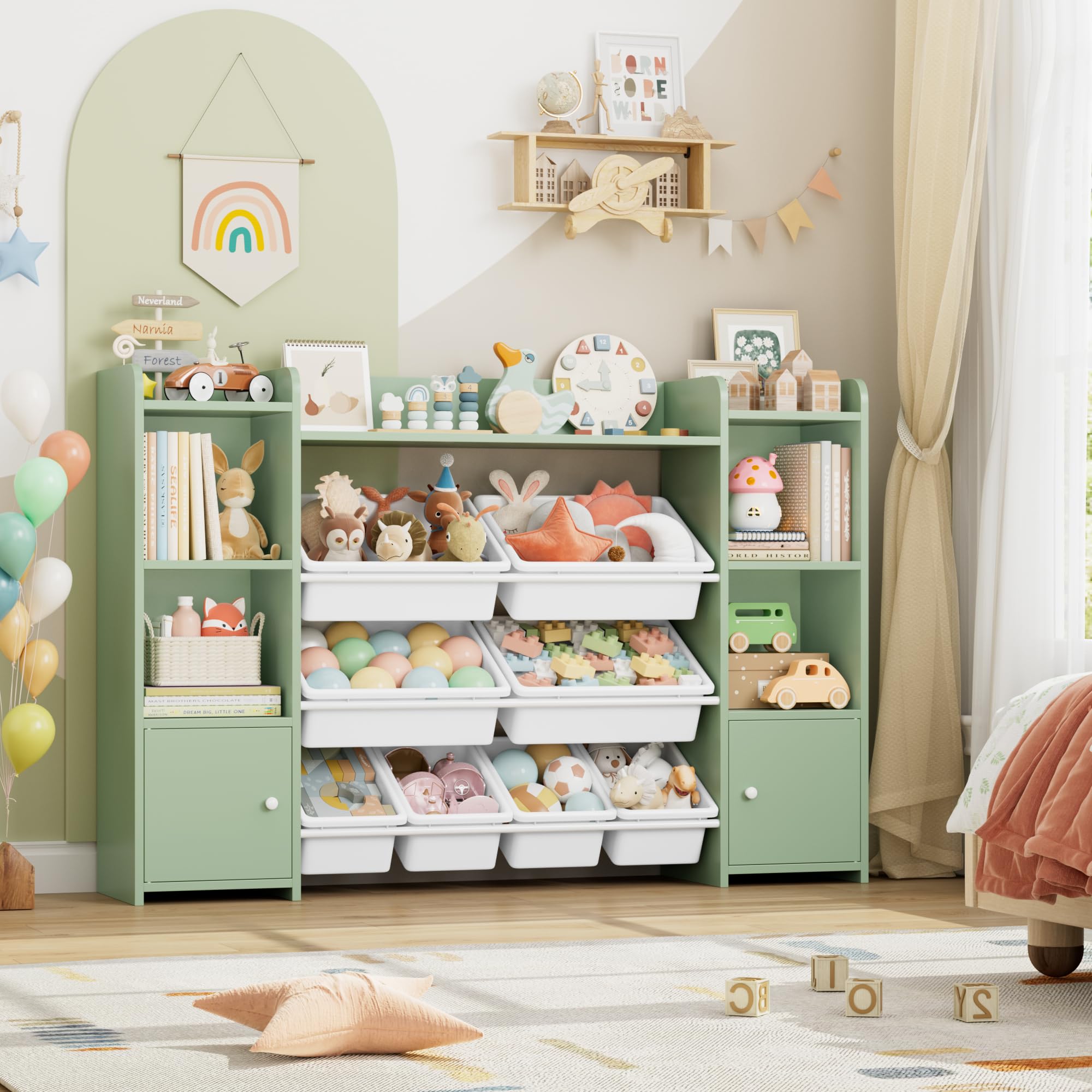FOREHILL Scaffale per Giocattoli con 8 Contenitori Rimovibili in Plastica,Organizzatore Libreria per Bambini con Mensola Aperti, per Camera dei Giochi, 138.8 x94.3x29.6cm (Verde)
