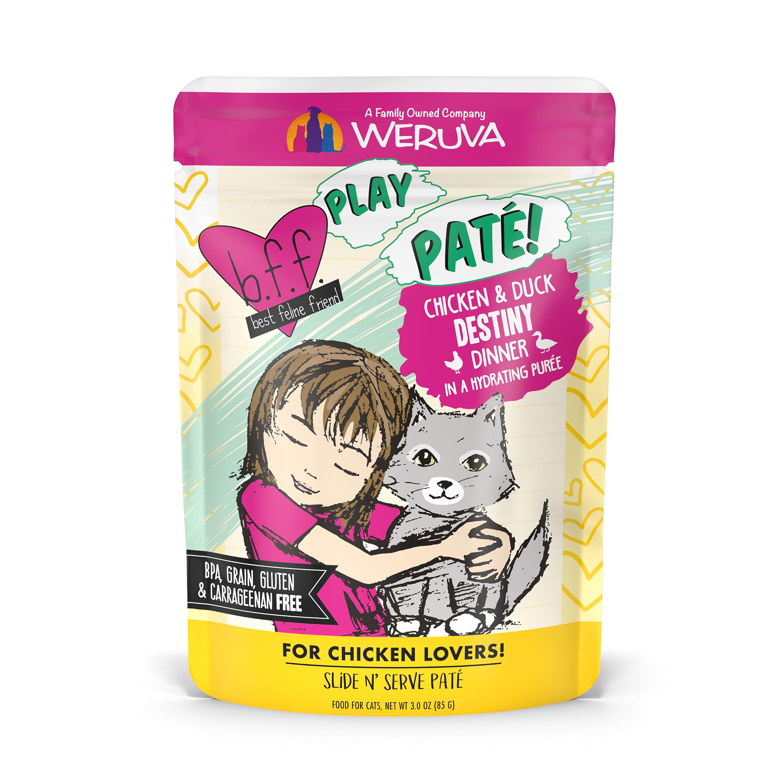 Weruva B.F.Play - Best Feline Friend Paté Lovers, aw Yeah!, Chicken & Duck Destiny with Chicken & Duck, 3oz Pouch (Pack of 12)