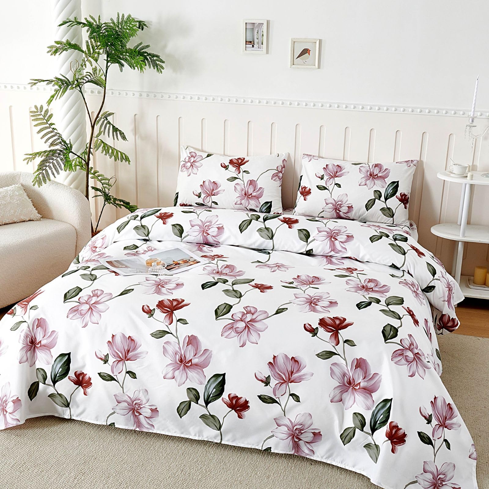 Set Lenzuola Singolo in Microfibre 90x190/200cm, Completo Lenzuola Letto con 1 Federe 50x80 in Stampa, Lenzuola Sopra e Lenzuolo con Angoli, Comfort e Morbidezza, Fiori