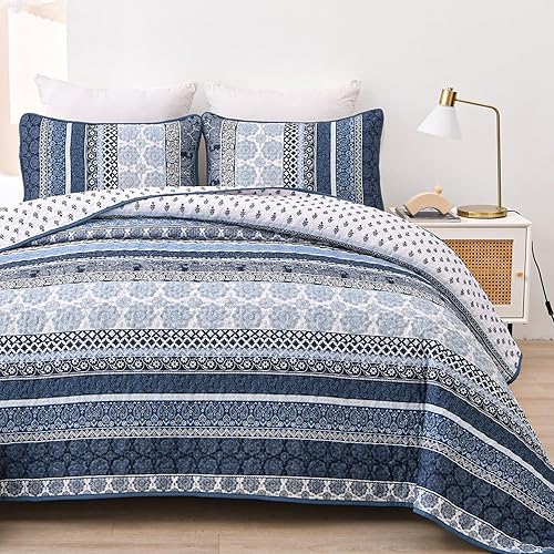 Miniatura 8 de WONGS BEDDING Juego de edredón bohemio tamaño King, juego de edredón bohemio de 3 piezas, color azul marino, juego de ropa de cama de microfibra