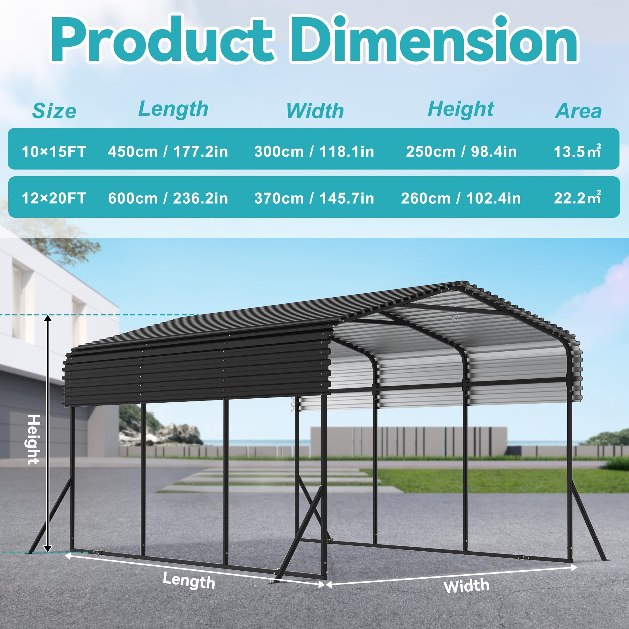 4,5x3x2,5m Carport für den Außenbereich, XL Zeltgarage aus Pulverbeschichte Stahlrohr & Dachblech, UV-Schutz & Wasserdicht Garagenzelt für Automobil, 13,5m² Freistehend Gartenlauben für Party