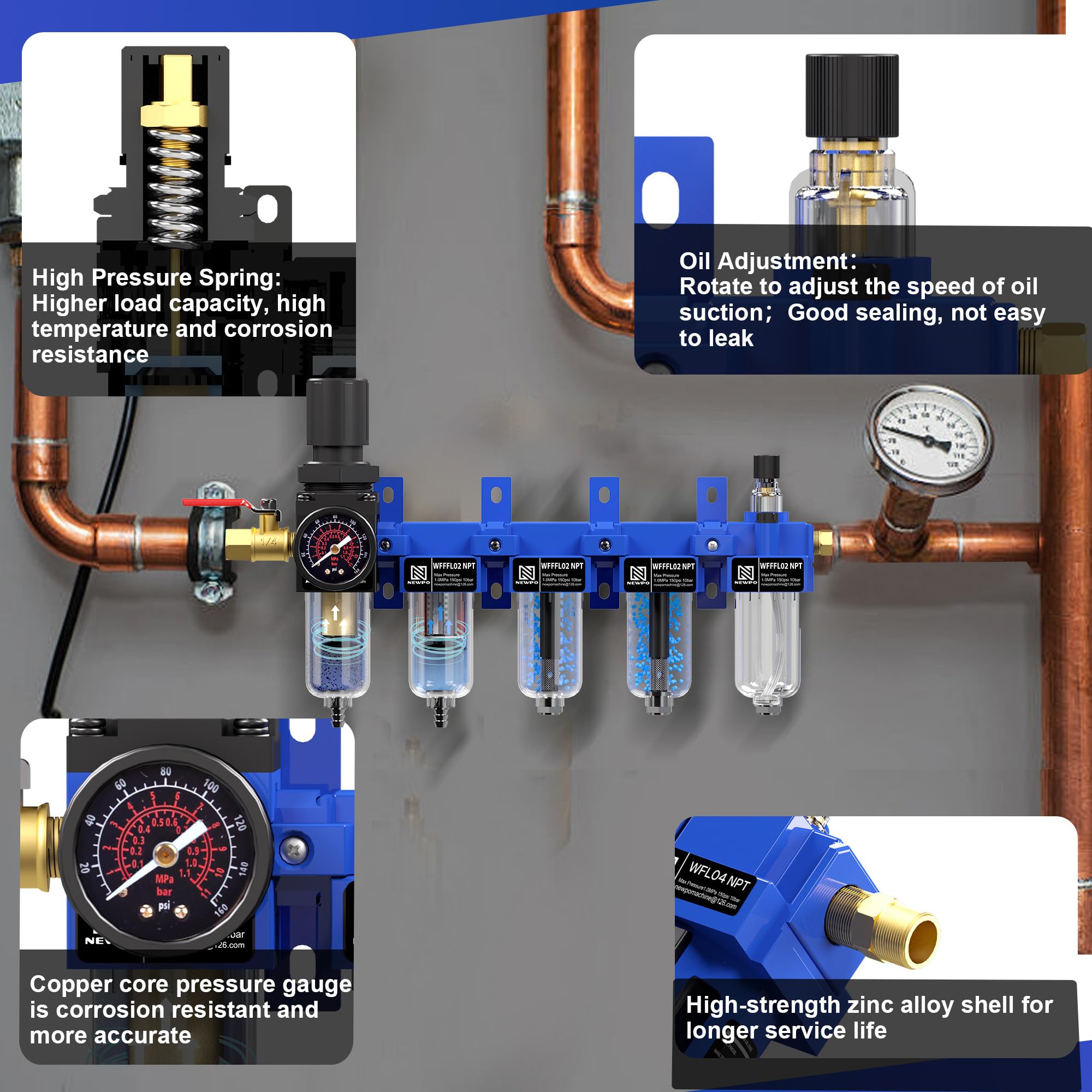 NEWPO Combo de lubricador regulador de filtro de aire NPT de 1/4 pulgadas, sistema de aire comprimido de 5 etapas con filtración, secadores desecantes, separador de trampa de agua/aceite, drenaje