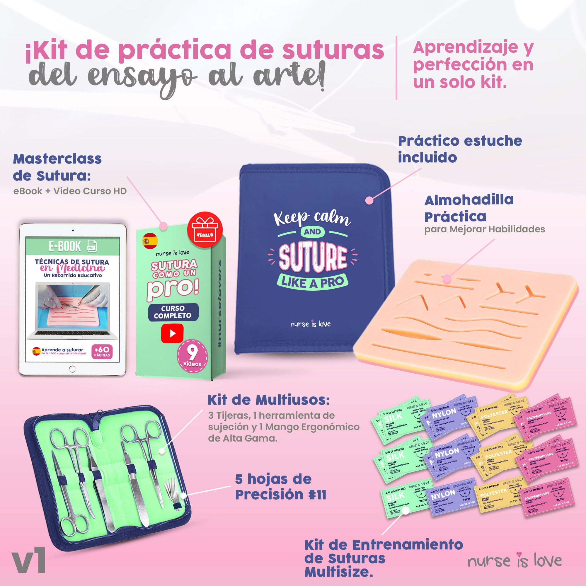 Nurse is Love Kit de Sutura para Practicar (30 piezas) con Estuche | Uso Educativo Ideal para, Estudiantes Medicina & Veterinaria + eBook + Video Curso HD | Regalo para Enfermera