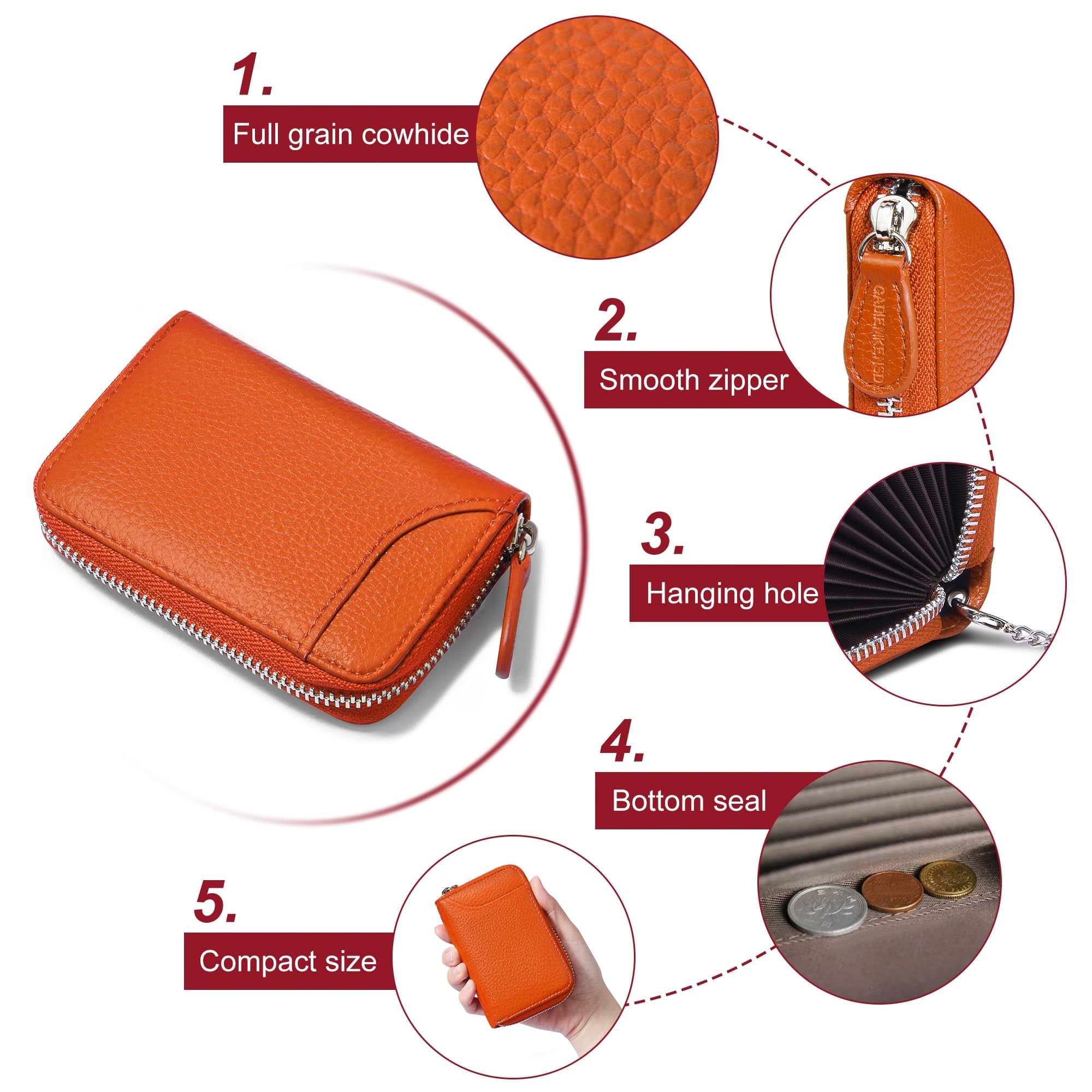 GADIEMKENSD Etui na karty kredytowe, ochrona RFID, skórzany portfel, 14 przegródek, etui na karty z zamkiem błyskawicznym, pomarańczowy, 11 x 7.5 x 2.5 cm, Portfel RFID