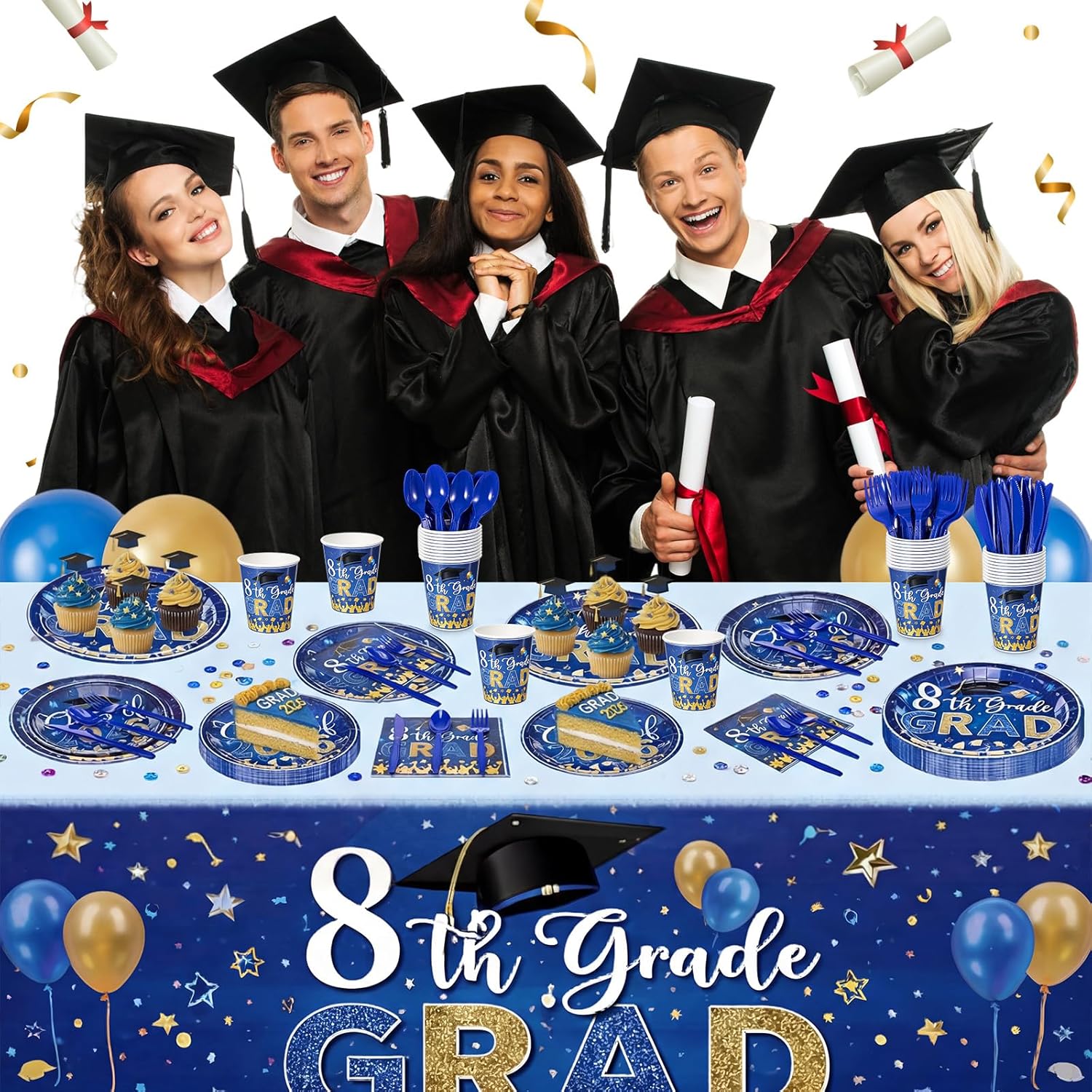 Jingmore 175 Pcs 8th Grade Graduation Party Supplies 8th Grade Graduation Decorations Tableware Class of 2026 Middle School Plates and Napkins Cups Knives Forks Spoons for Grad Party Serve 25 (Blue)