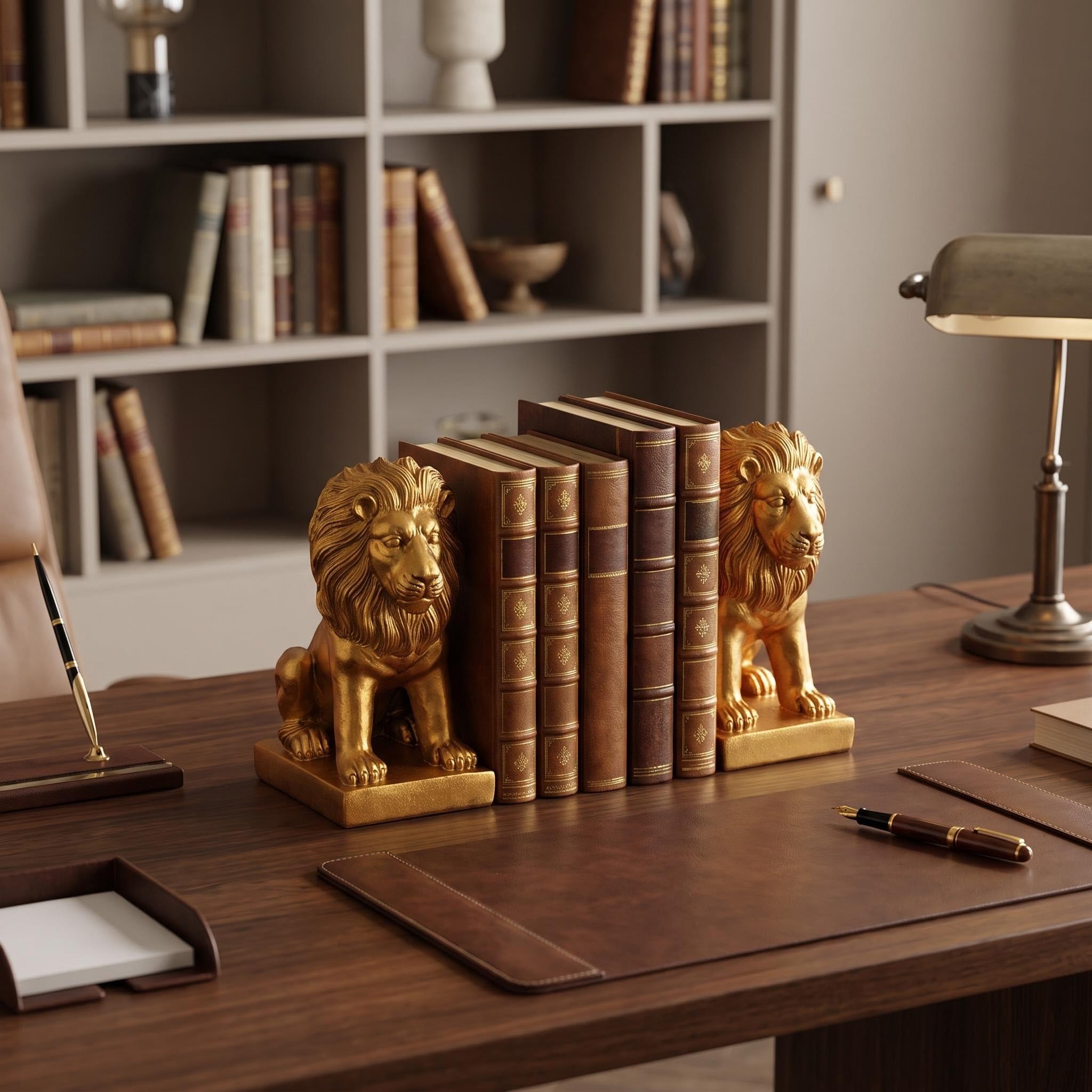 Löwen-Buchstützen für Zuhause, dekorativ, 2 goldene Buchstützen, Bücherregal, Dekoration, Buchstützen zum Halten von Büchern, robuste Buchstützen für Regale, Vintage-Antiq-Regale