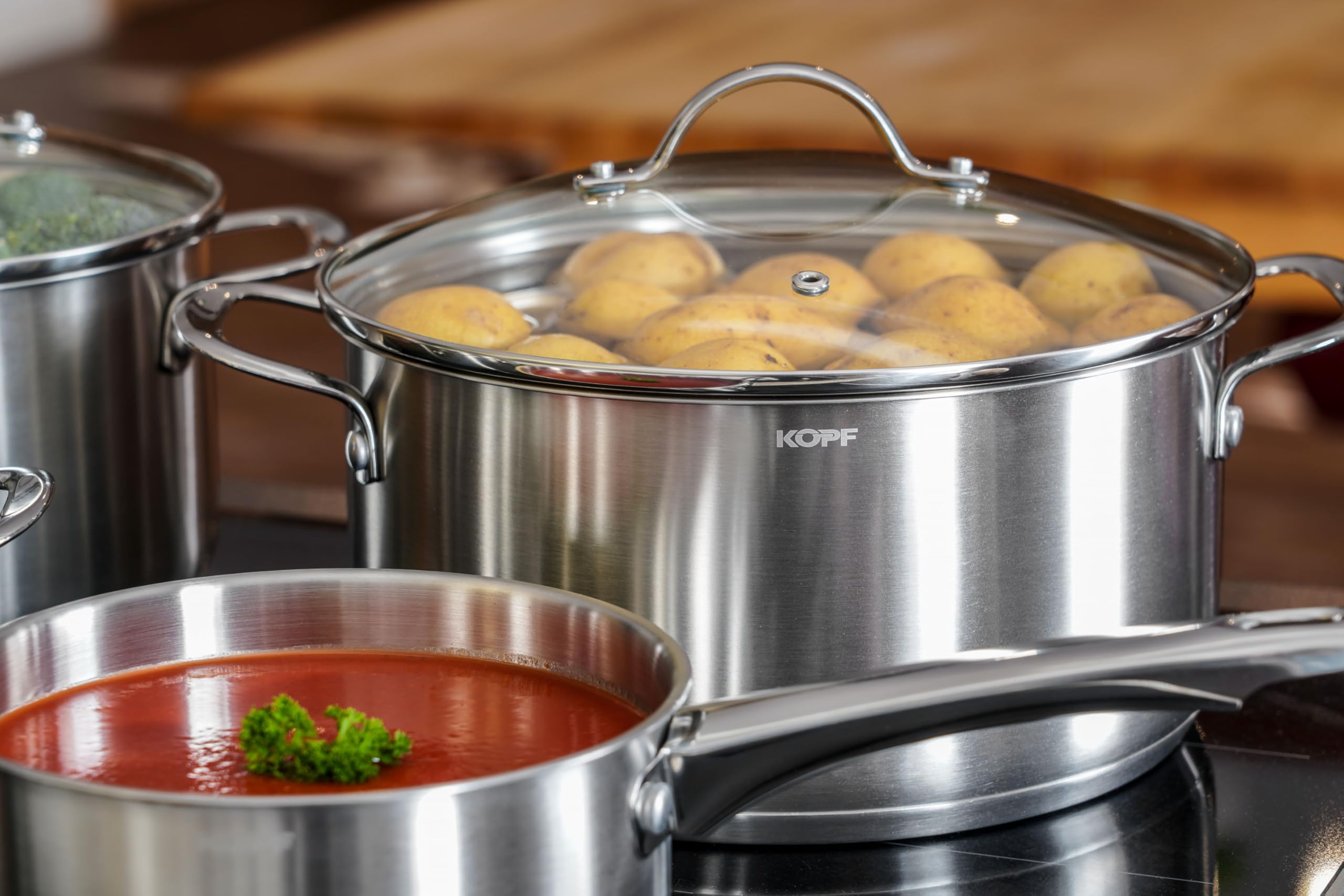 KOPF Topfset Induktion Clara 8-teiliges Kochtopf Set mit Edelstahl Töpfe | Backofen & Spülmaschinen geeignet | Topf Set für alle Herdarten | 4 Kochtöpfe, 1 Stielkasserolle, 3 Glasdeckel | Literskala