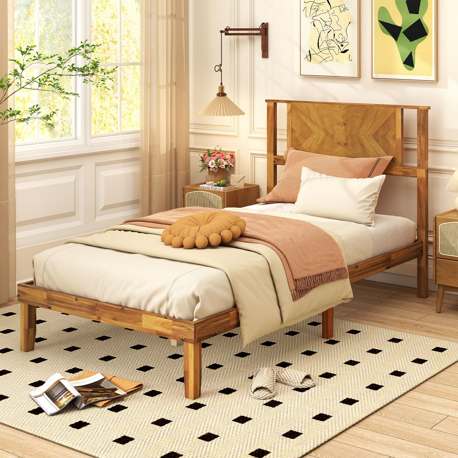 Giantex Full Size Acacia Wood Platform Bed Frame, Mid-Century Modern Bed Frame with Headboard, Wooden Slats Support, Under-Bed Space, No Box Spring Needed, Easy Assembly, Caramel: Twin Mid-Century Modern