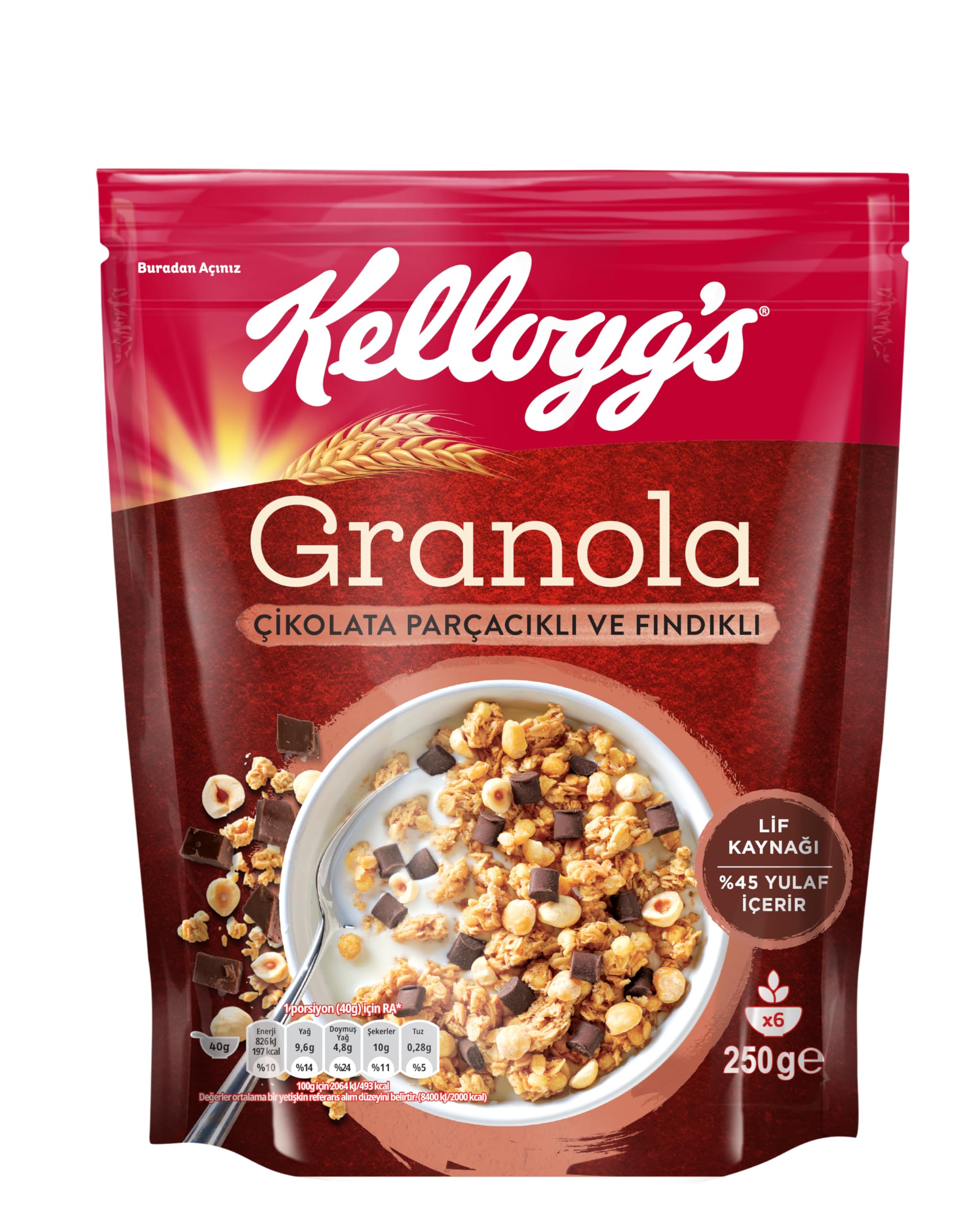 Kellogg's Granola Çikolata Parçacıklı ve Fındıklı 250 Gr,%45 Yulaf içerir,Lif Kaynağı, Belçika Çikolata Parçaları,Antioksidan içerir,Kahvaltılık Gevrek,Müsli