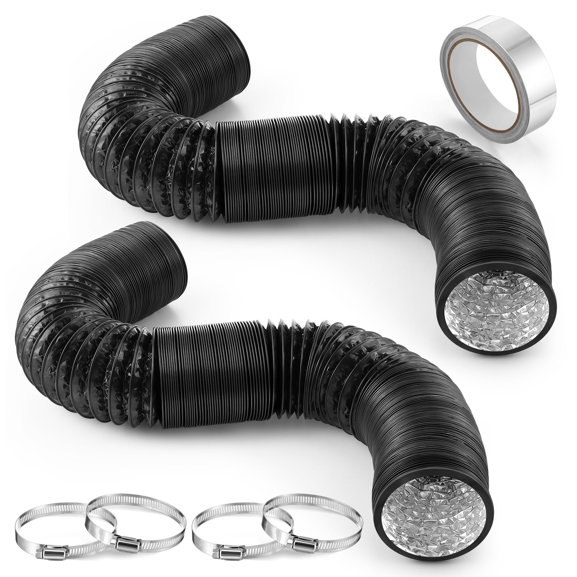Dreyoo 2 Pack Dryer Vent Hose, 3 Inch 16 Feet Flexible PVC ventilation hose kit, w/ 4 Clamps and 1 Roll of Tape, Insulated aluminum air duct for HVAC Ventilation, Exhaust, Duct Fan Systems, Black