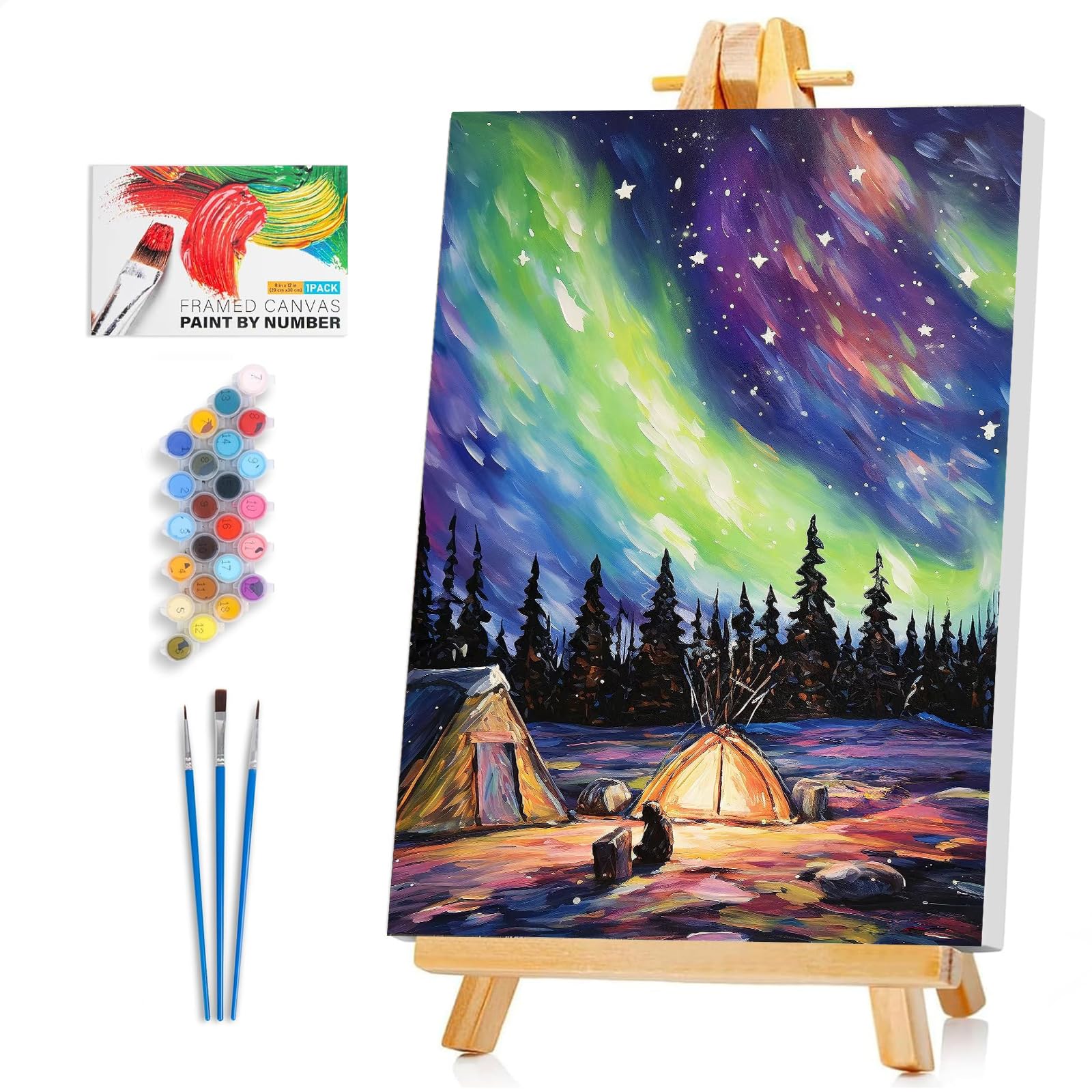 framed paint by numbers kit for adults beginner & kids ages 8-12, aurora landscape adult paint by number kits on canvas with frame, diy number painting for adults for home wall decor gift 8 x 12 inch