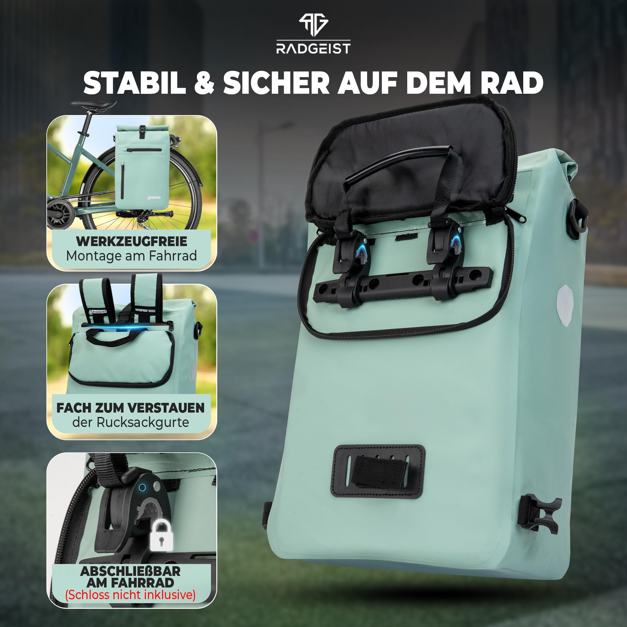 RADGEIST Alforja 3 en 1 para portaequipajes, impermeable, extra resistente, con enganche rápido, mochila (20 litros), color menta