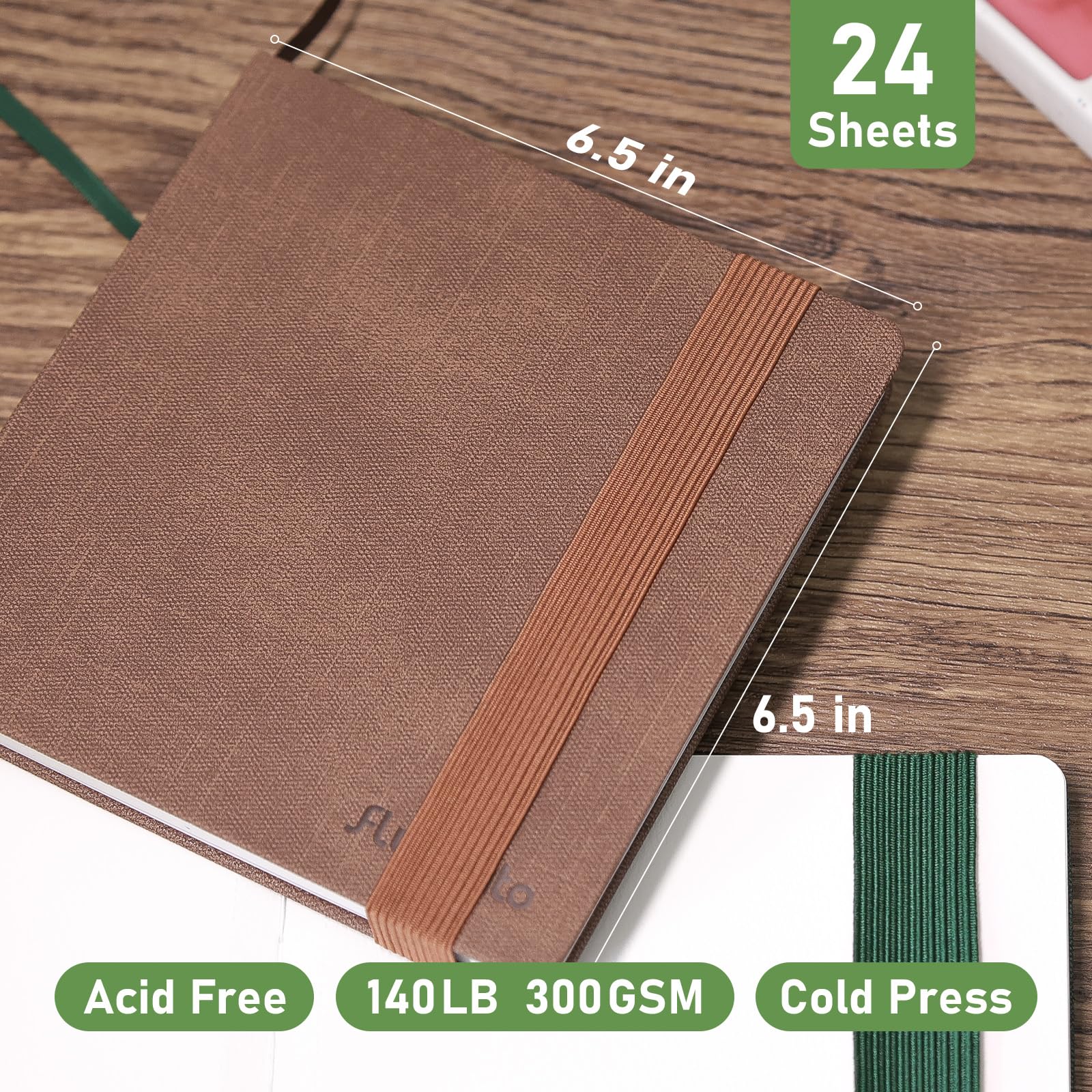 Watercolor Journal 6.5"x6.5"- 100% Cotton, 24 Sheets 48 Pages,140LB/300GSM Cold Press, with Inner Pocket and Wide Elastic Band - Perfect for Watercolor, Gouache, Acrylic, Ink & Mixed Media - 2