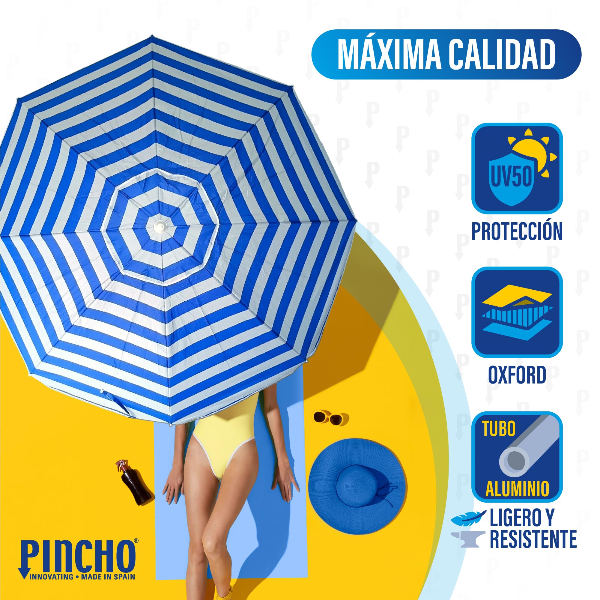 Pincho Sombrilla Playa Grande 200 cm, Antiviento con Protección UV50+, Tubo de Aluminio y 8 Varillas de Fibra de Vidrio, Reclinable con Ventana Superior, Incluye Punta de Aluminio.