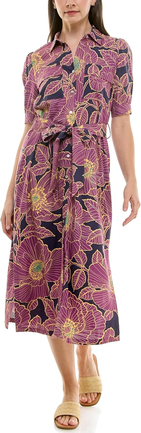 Nicole Miller New York Women's Short Sleeved Printed Shirt Dress with Self Belt