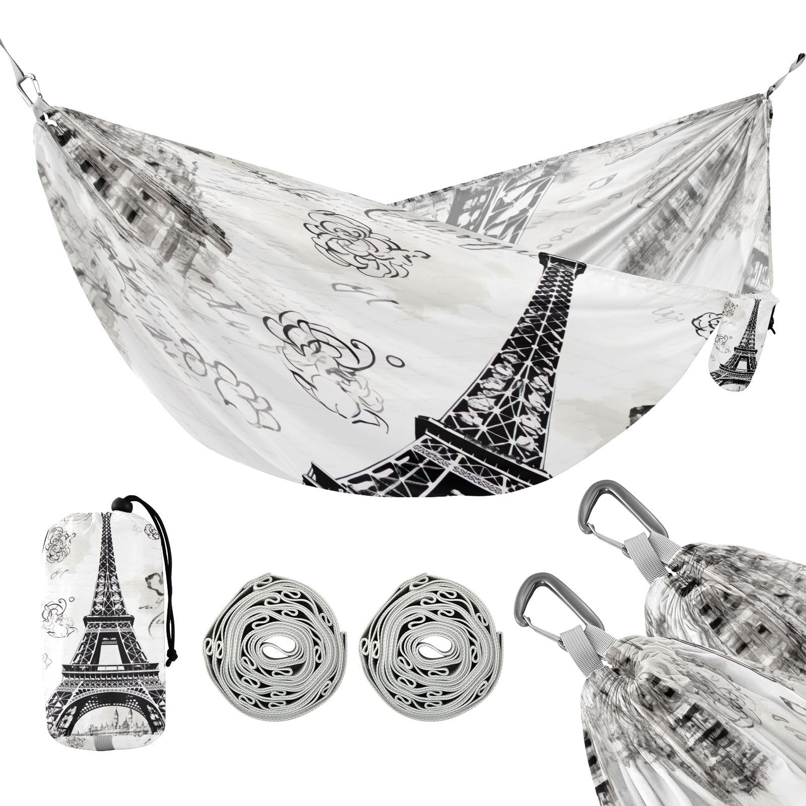 SDMKA Vintage Eiffel Tower Camping Hammock, 330 lbs with 2 Tree Straps, Carry Bag, Single Portable Hammock for Outdoor/Indoor, Hiking, Beach, Backpacking, Travel