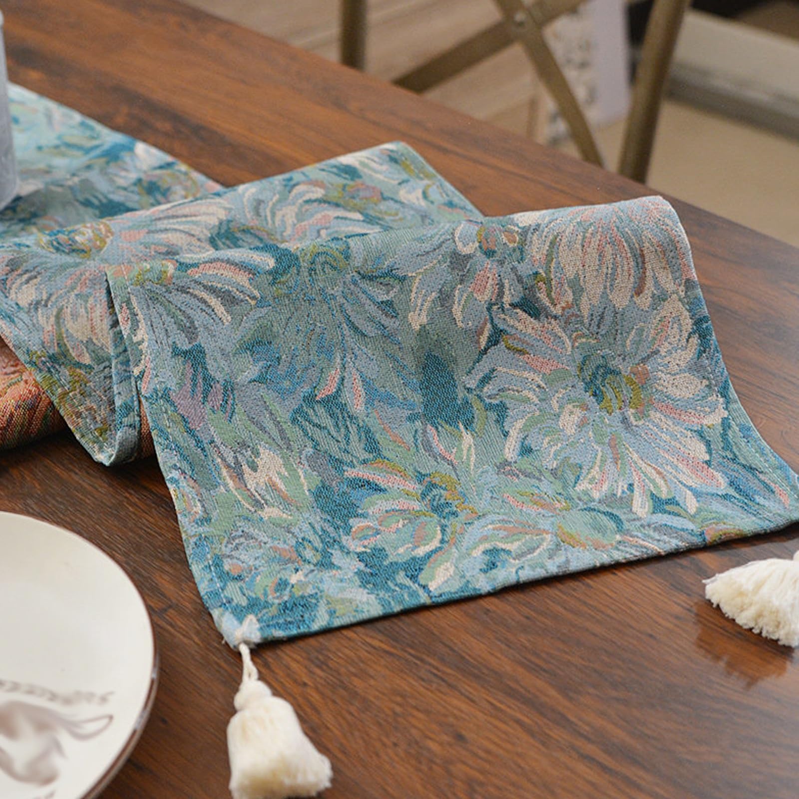 Elegant Floral Table Runner, Vintage Jacquard Table Runner with Cotton Tassels, Luxury Retro Fabric Dresser Scarf for Dining & Coffee Surfaces(Blue,200cm/78.7in)