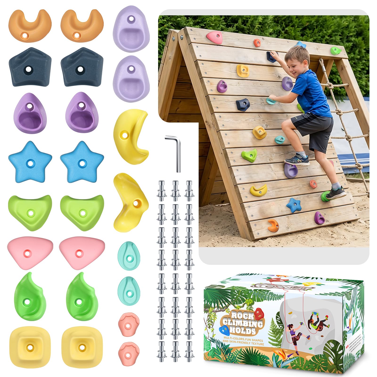 TOPNEW Climbing Holds for Kids, Rock Wall Holds with Hardware - Climbing Rocks for Indoor Outdoor Playground Climbing Wall (24 Pcs)