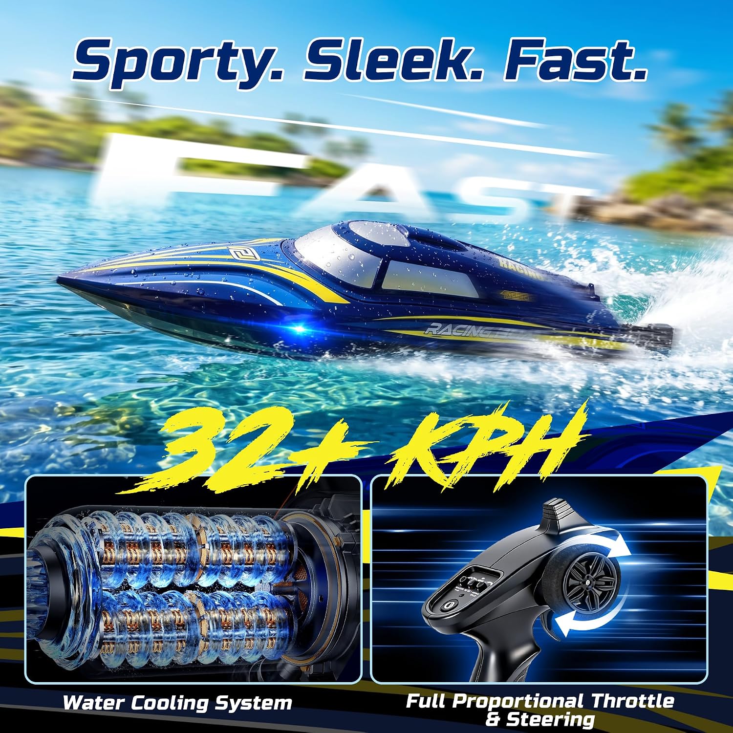 DEERC 14" Fast RC Boat for Kids & Adults, 20+MPH Upgraded Remote Control Speed Boat with 2x1200mAh Batteries, Self-Righting Waterproof Boat Toy for Lakes & Pools thumbnail