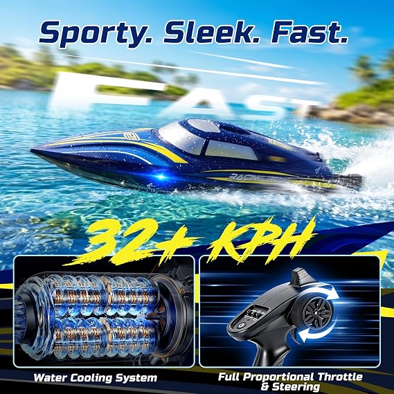 DEERC 14 Fast RC Boat for Kids & Adults, 20+MPH Upgraded Remote Control Speed Boat with 2x1200mAh Batteries, Self-Righting Waterproof Boat Toy for Lakes & Pools