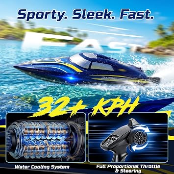 DEERC 14 Fast RC Boat for Kids & Adults, 20+MPH Upgraded Remote Control Speed Boat with 2x1200mAh Batteries, Self-Righting Waterproof Boat Toy for Lakes & Pools
