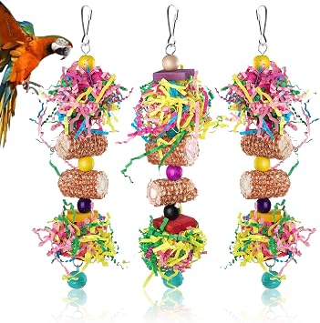 3 PCS Bird Toys, Multicolor Bird Shredding Toys Parrot Chewing Toy Hanging Shredder Toy Include Natural Corn Cob Bells for Parakeets Cockatiels Small and Medium-Sized Parrot