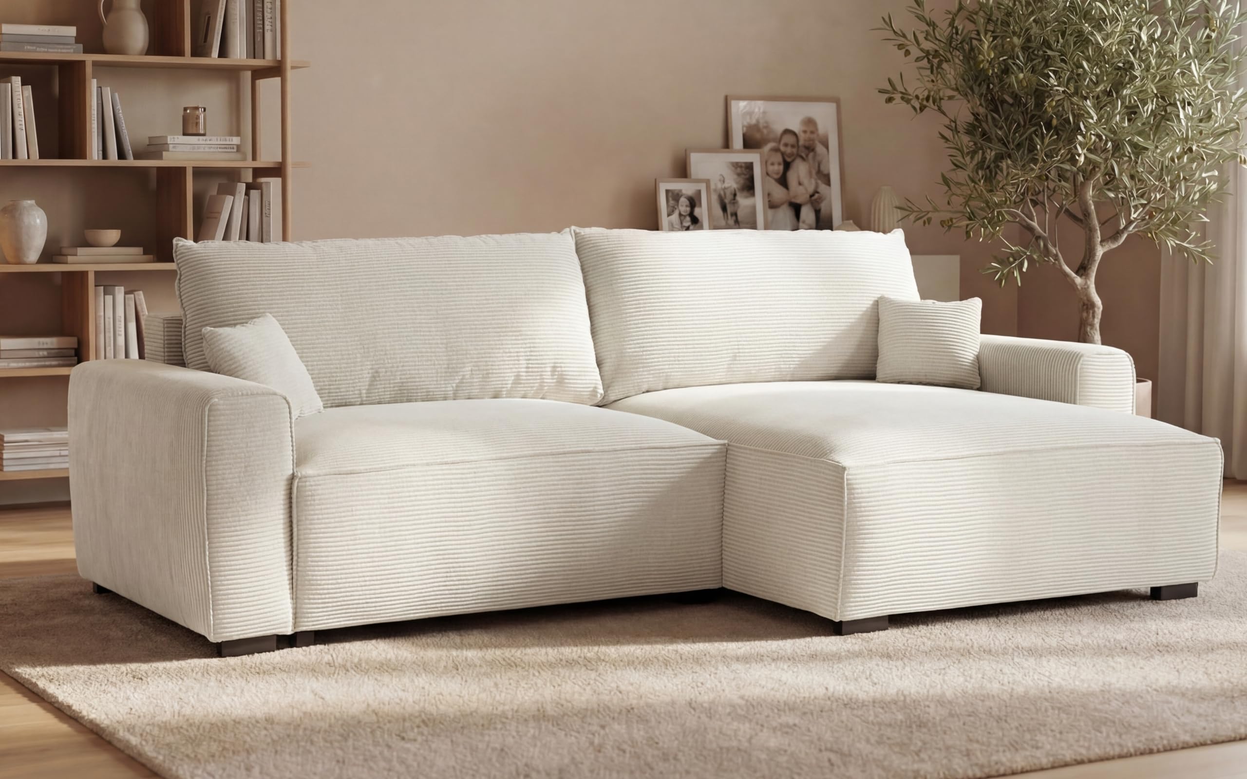 BUDWING Lauren Divano Letto 3 Posti – Chaise Longue Reversibile con Contenitore – Stile Moderno, Tessuto Resistente 380 g/m² – 269x158x96 cm – Beige