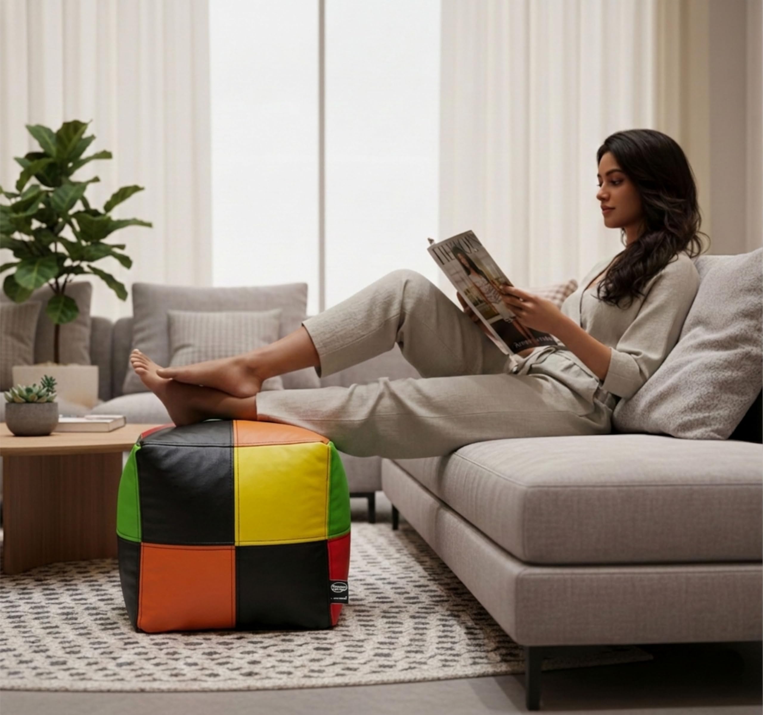 JUPITER 16-Inch XXL - Premium Bean Bag Cube & Footstool – Multipurpose Ottoman Pouf for Living Room, Balcony, Bedroom & Kids | Durable Faux Leather- Without Beans - Cover only (Multi)-image-39