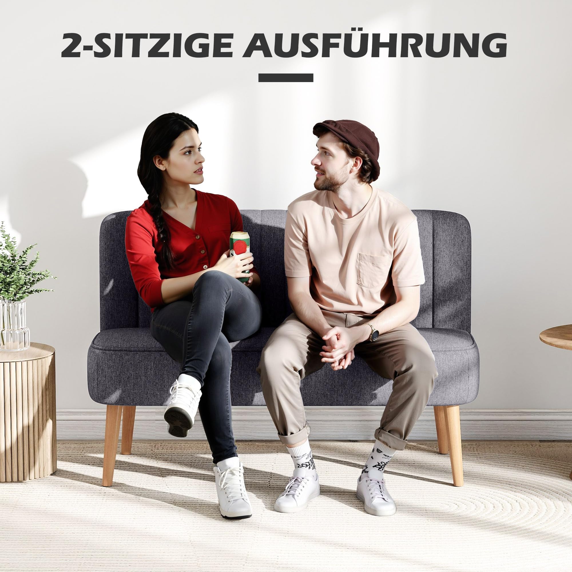 HOMCOM Sofa 2 Sitzer Couch mit Leinen-Optik Dunkelgrau 117 x 56,5 x 77 cm | Kleine Loveseat, Modern Polstersofa, für Wohnzimmer, Schlafzimmer, Kleinen Raum