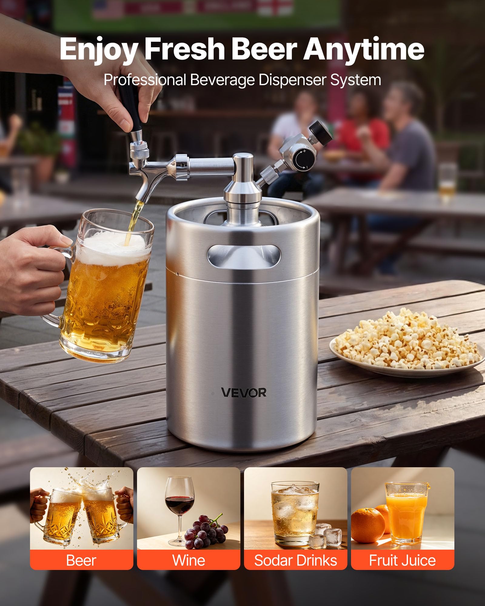 VEVOR Mini Fût 5 L Tireuse de Bière Portable en Acier Inoxydable 304, Système de Tirage sous Pression pour Soda Vin Jus de Fruit, Fût Pressurisé avec Régulateur CO₂ et Robinet à Fermeture Auto