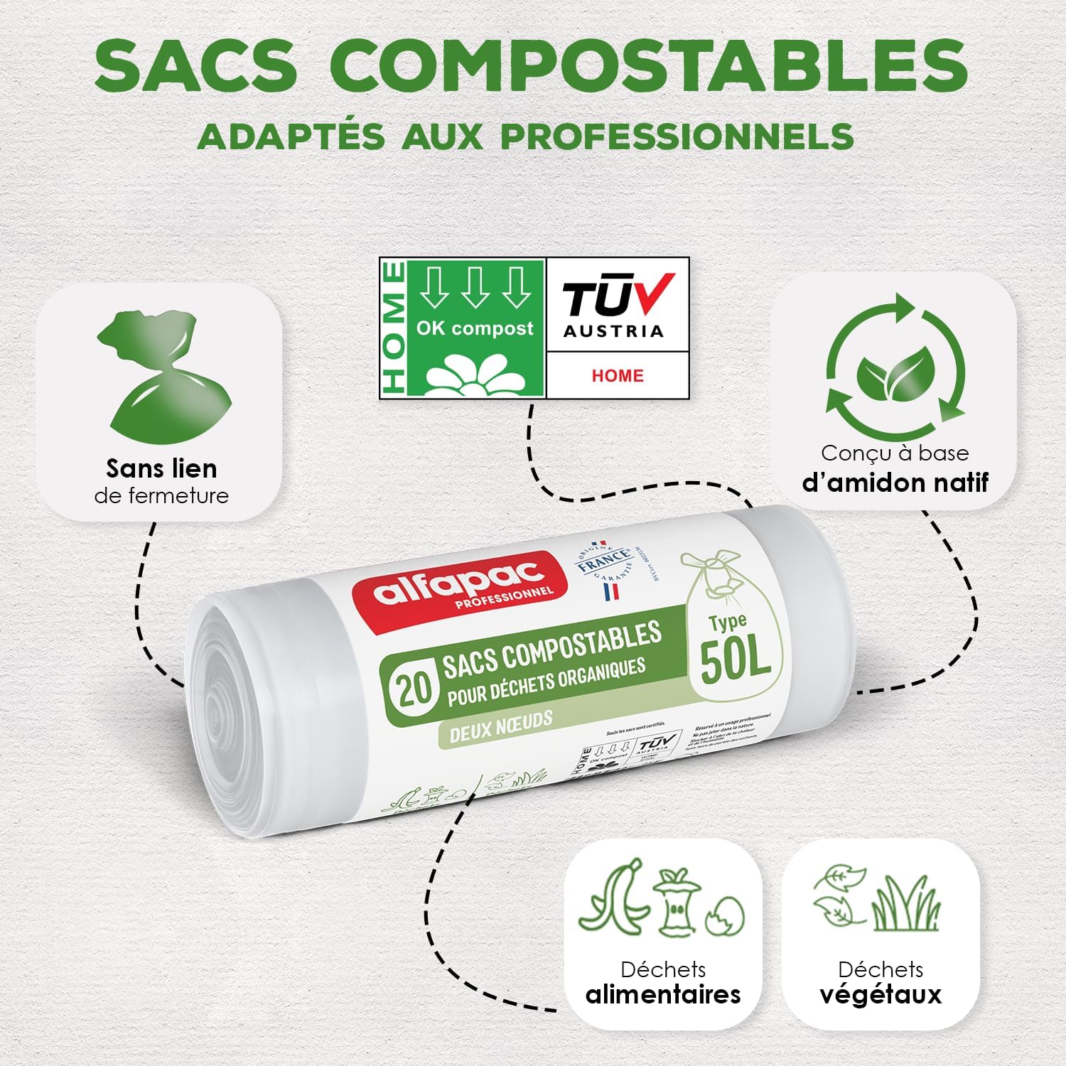 alfapac professionnel - Carton de 500 sacs-poubelle compostables - 50L | 25 rouleaux de 20 sacs - Fermeture à 2 noeuds - Pour déchets organiques
