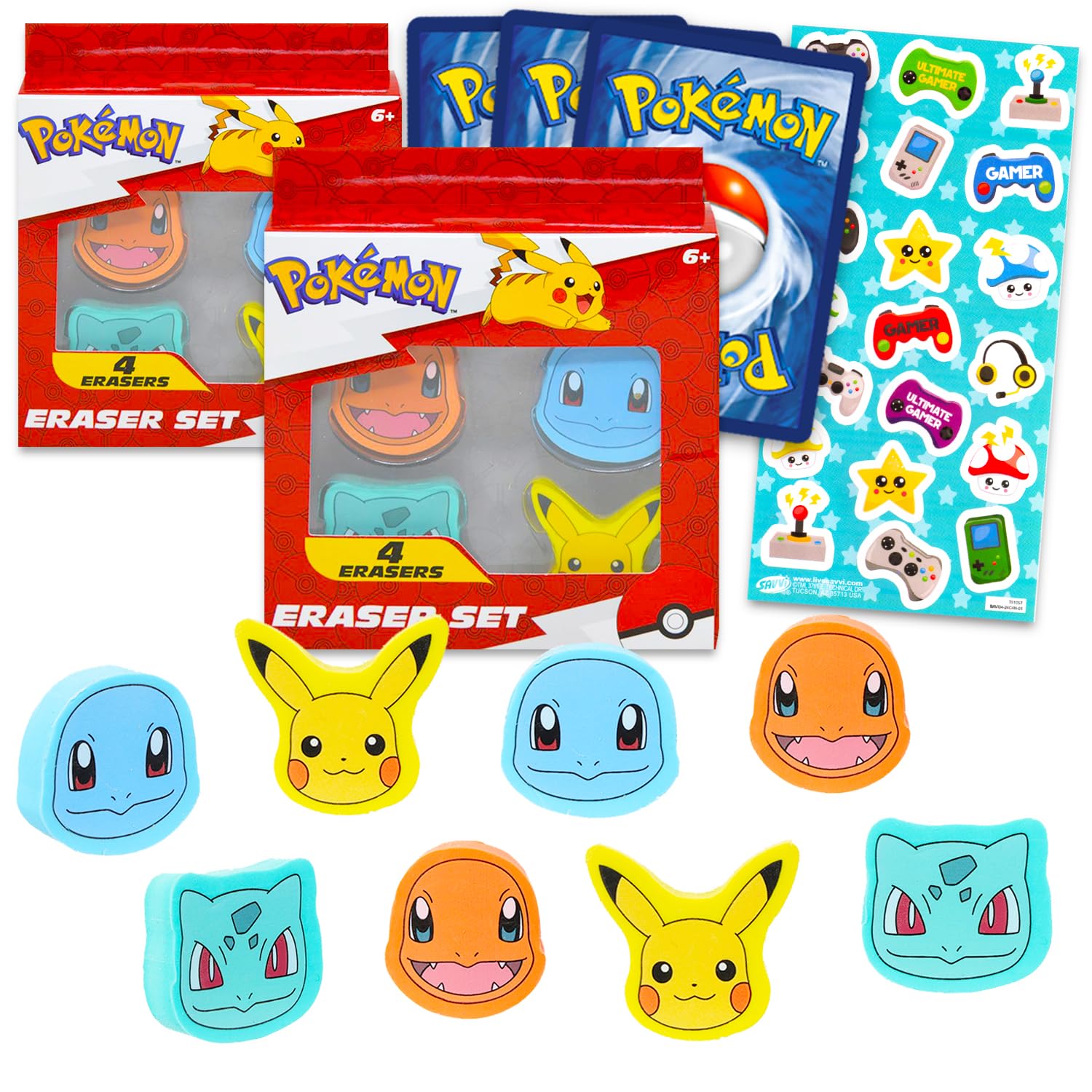 Amazon.com: Pokemon Party Favor Set - Bundle with 8 Pokemon Erasers  Featuring Pikachu, Squirtle, Bulbasaur, Charmander Plus Pokemon Cards, More 