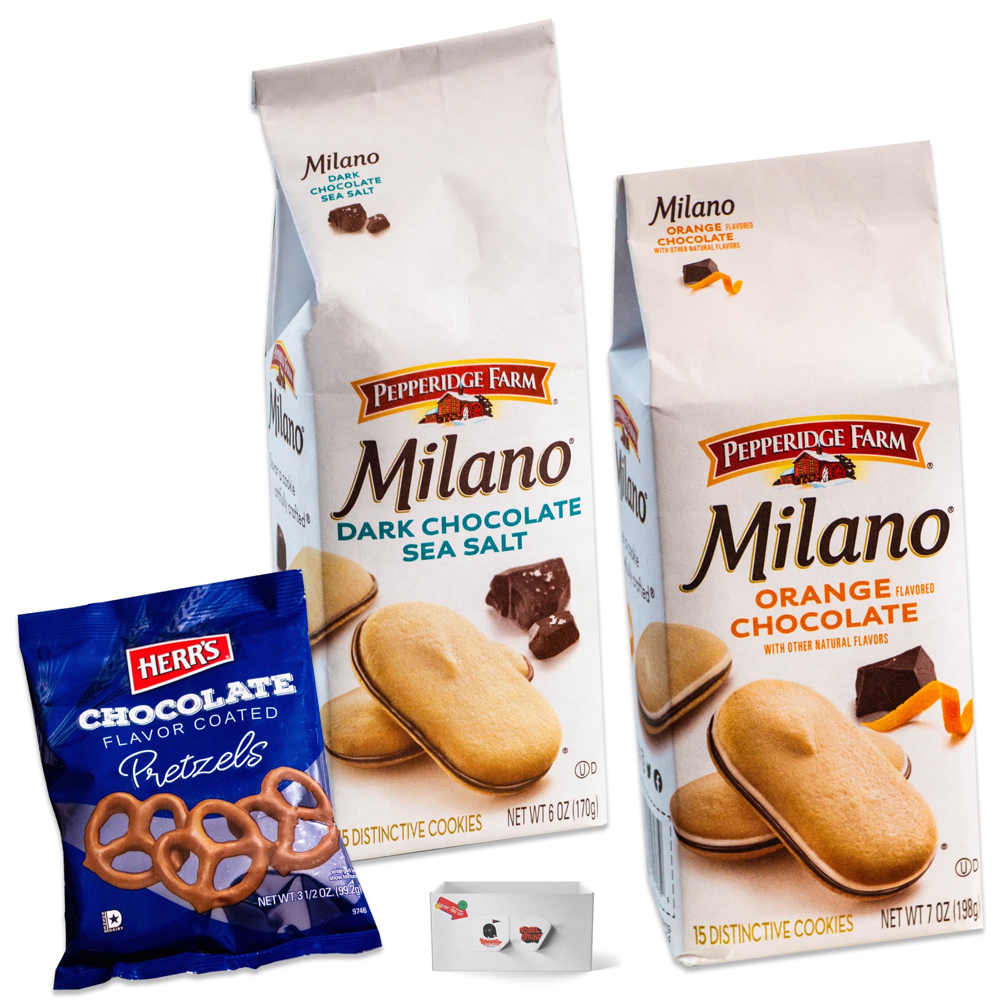 Milano Dark Chocolate Sea Salt Cookies (1, 15ct) - Orange Chocolate Cookies (1, 15ct) - Chocolate Covered Pretzels (1, 3.5oz bag) - Gourmet Snack Bundle - 3 Items Total