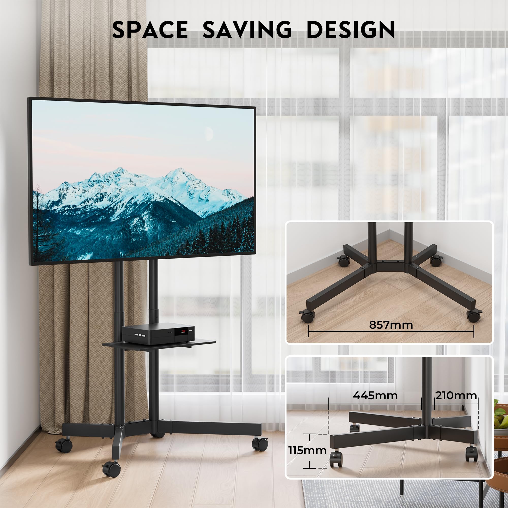 BONTEC Rollbarer TV Ständer mit feststellbaren Rollen, höhenverstellbarer TV Wagen für 32-85 Zoll, 55 kg, VESA 600x400, mit Ablage und Kabelmanagement