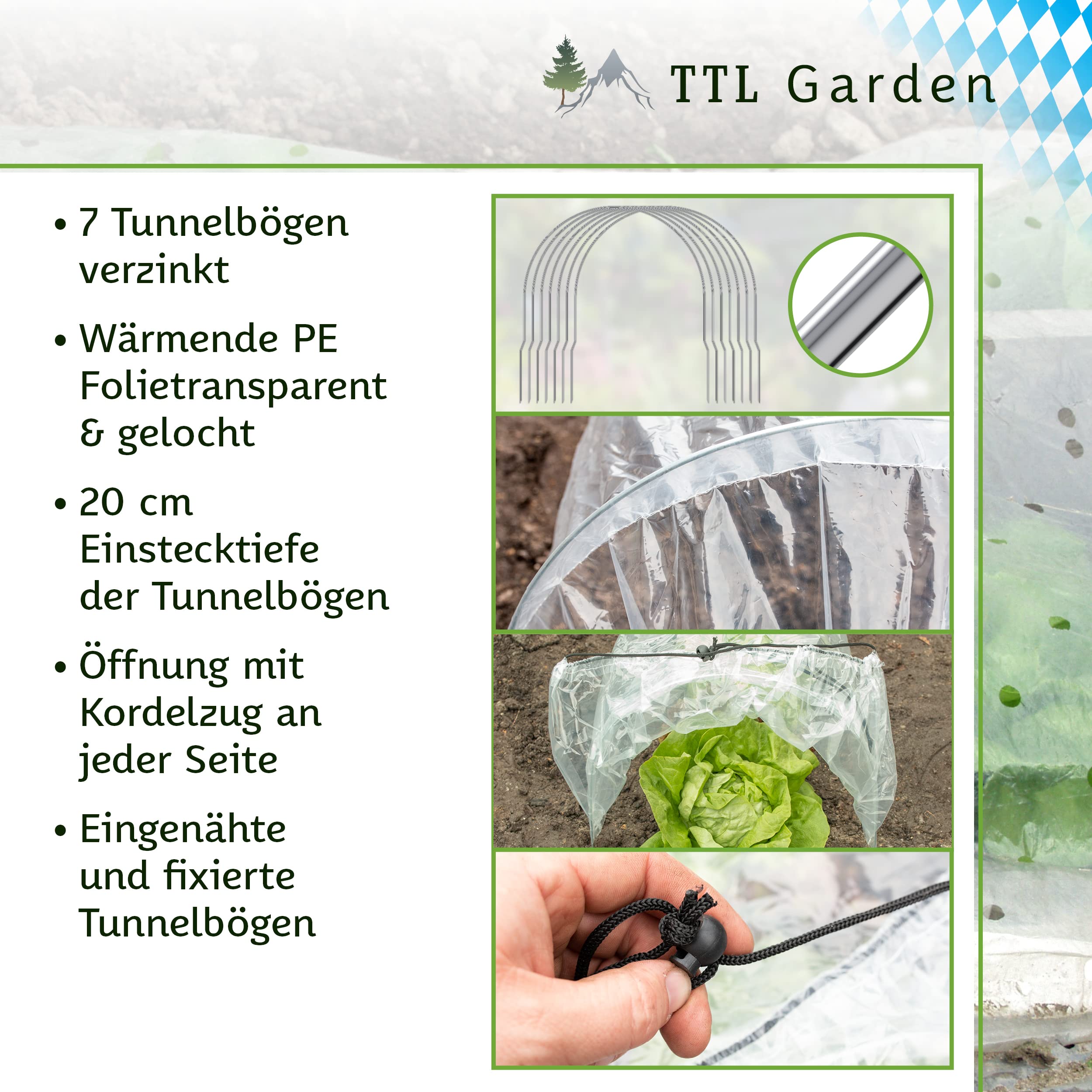 TTL GARDEN Quick&Easy Tunnel en film plastique 300 x 45 x 30 cm avec film polyéthylène – Tunnel en film plastique de 3 m immédiatement utilisable avec cordon 7 arcs de tunnels, pour plate-bande