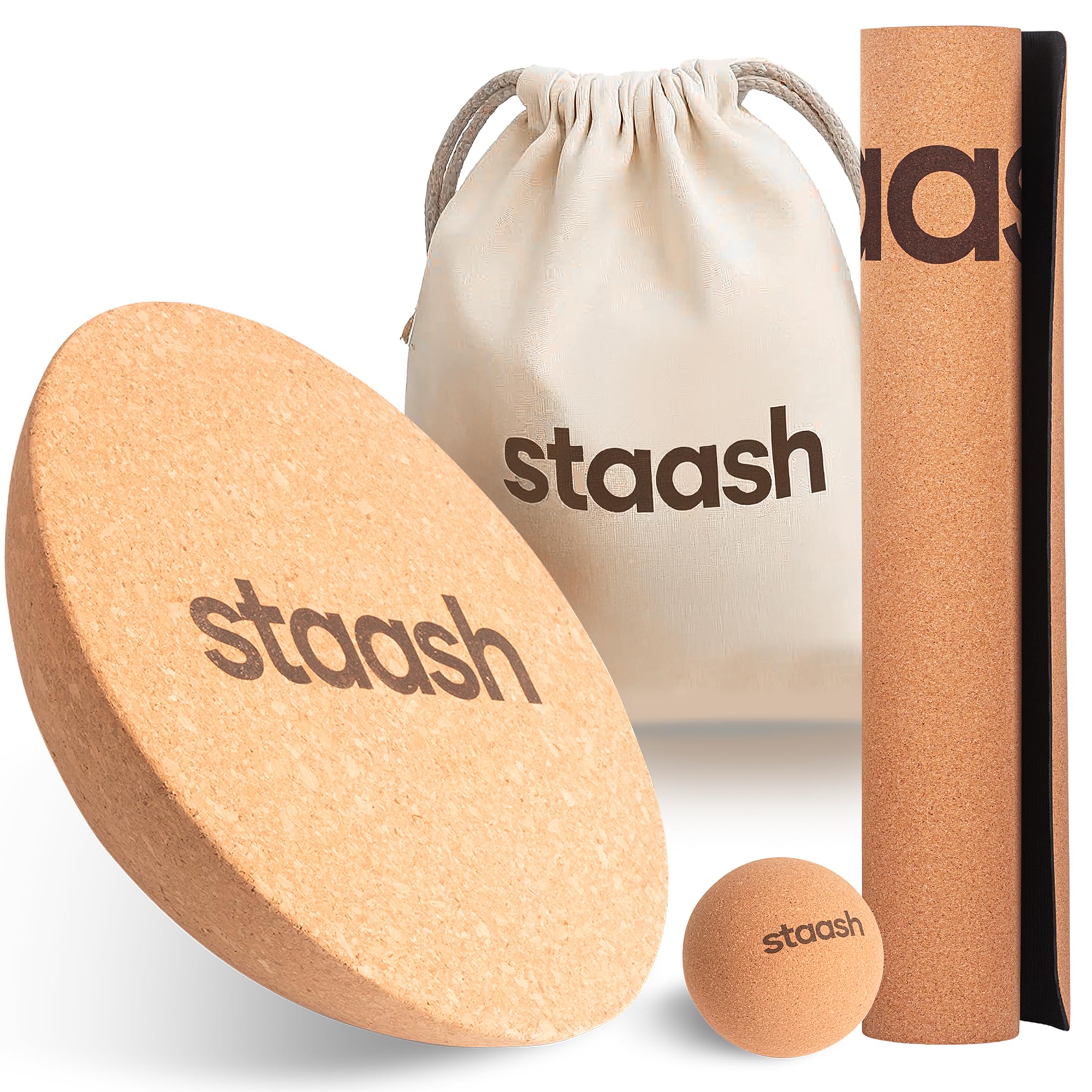 STAASH® Balance Board de Madera Premium – Tabla de Equilibrio con Rodillo de Corcho – Fitness, Surf, Skate, Snowboard, Yoga, Rehabilitación, Propiocepción (Set Media Esfera + Pelota + Esterilla)